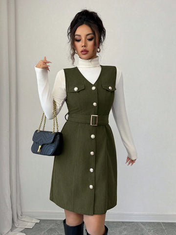 Women’s Textured Fabric Mini Dress, Sleeveless V-Neck Design with Button Detail, 1 Piece, For Daily Wear