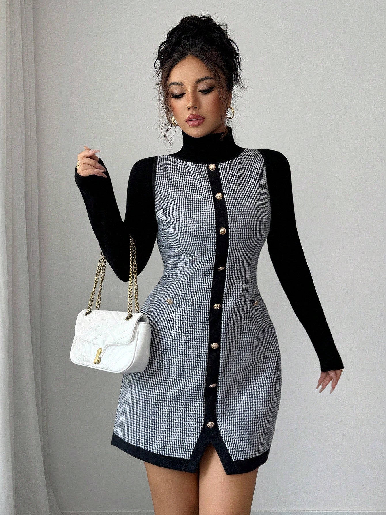 Women’s Wool-Blend Fabric Sleeveless Dress, Round Neck Patchwork Design, 1 Piece, For Office and Daily Wear