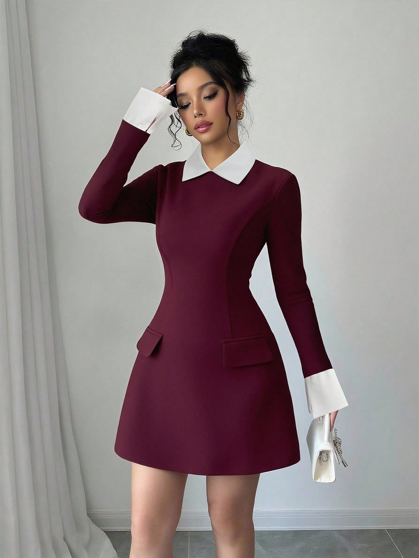 Women’s Woven Fabric Short Dress, Collared Long Sleeve Design with Cuff Detail and Faux Pocket, Color Block Pattern, 1 Piece, For Autumn Wear