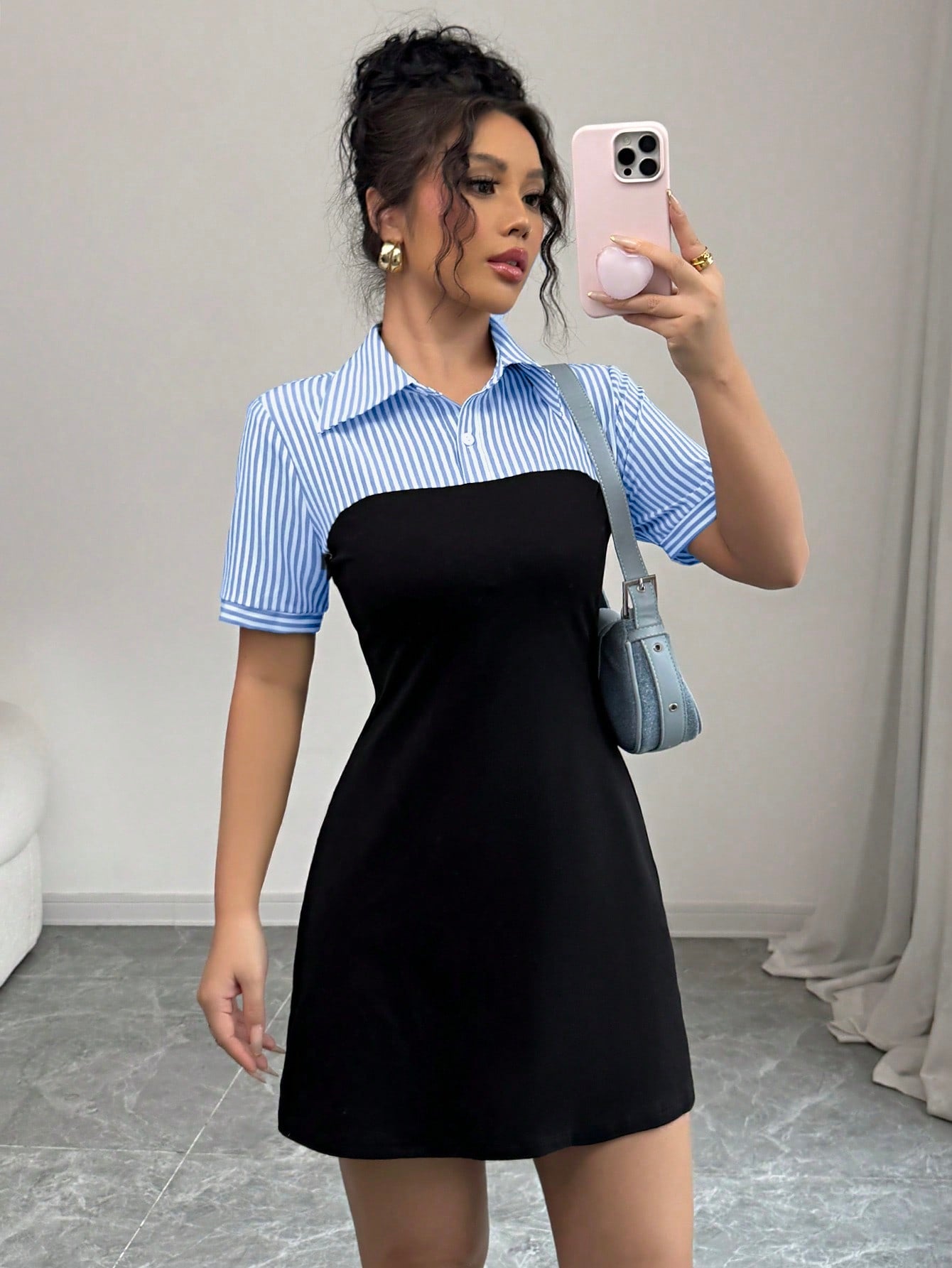 Women’s Woven Fabric A-Line Dress, Short Sleeve Polo Collar, Striped Patchwork Design, 1 Piece, For Everyday Wear