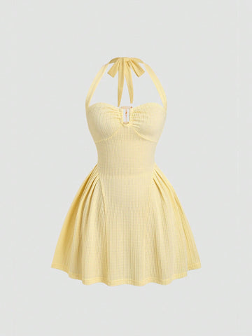 Solid Color Mini Dress Neutral Color Single Piece Halter Neck Buckle Detail Design For Daily Styling
