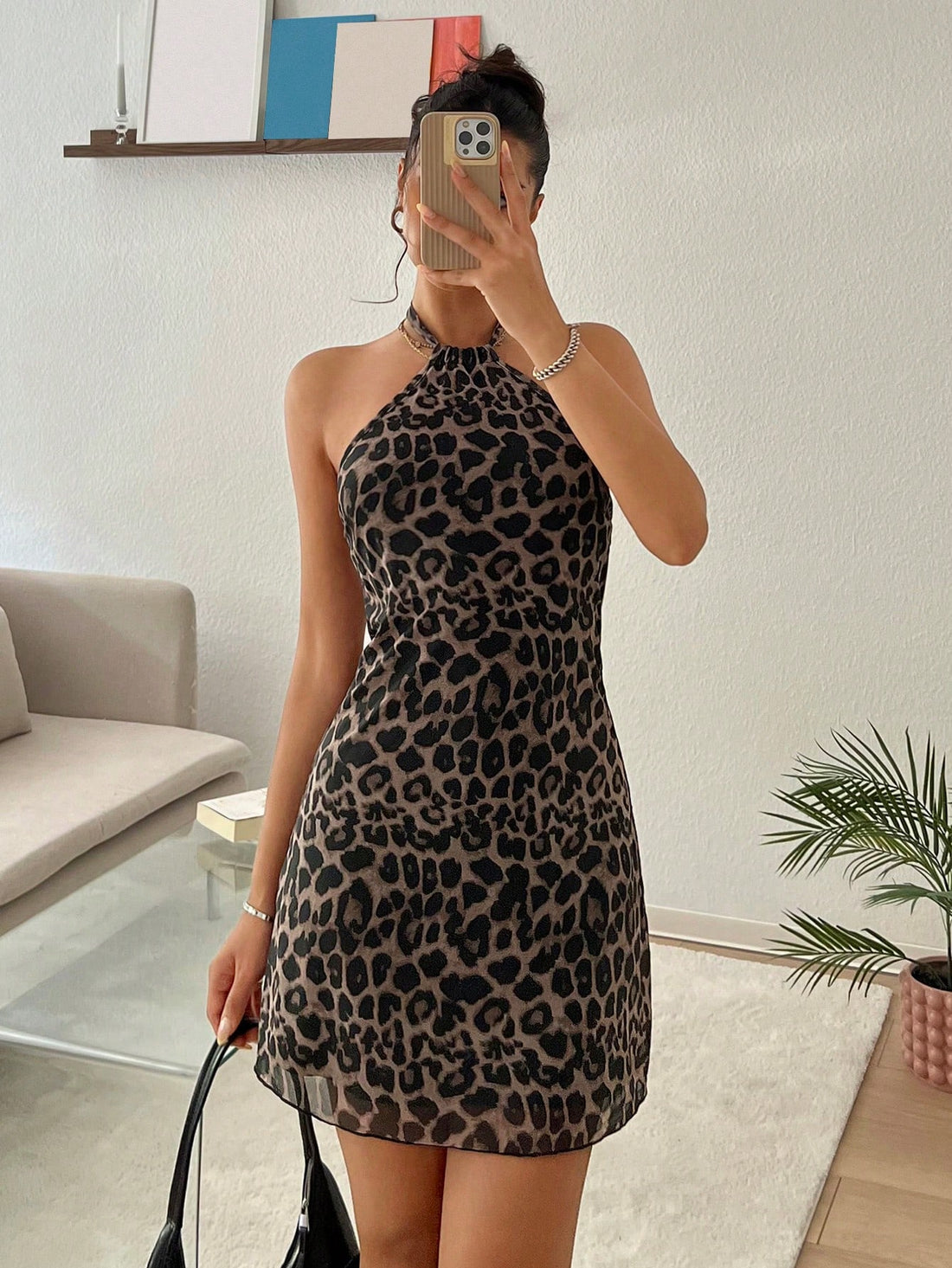 Leopard Pattern Mini Dress – Neutral Brown Color – Single Piece – Halter Neck A-Line Design – For Daily Styling