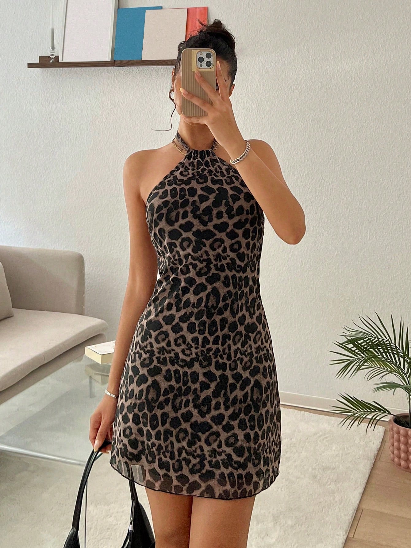 Leopard Pattern Mini Dress – Neutral Brown Color – Single Piece – Halter Neck A-Line Design – For Daily Styling