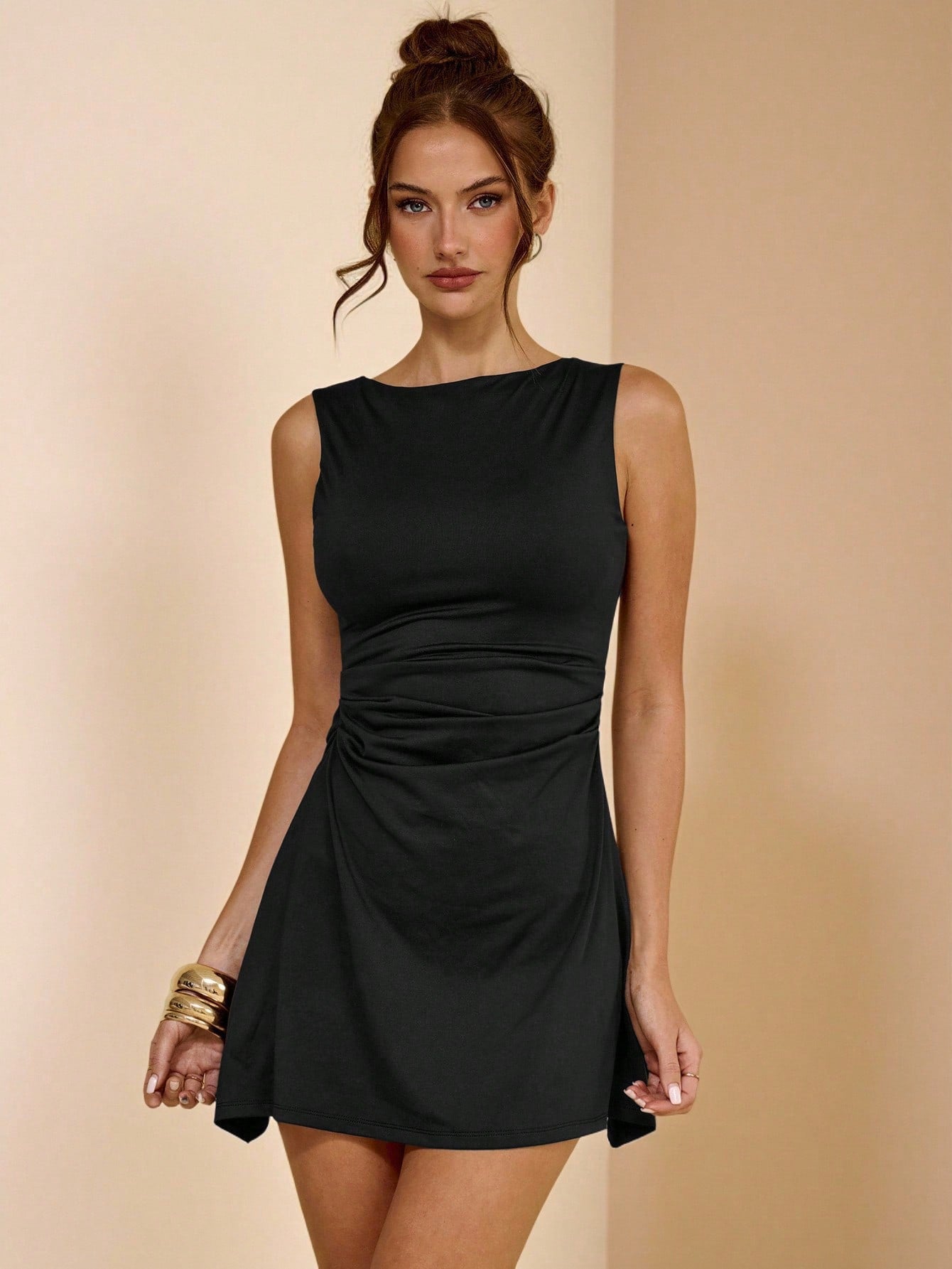 Women’s Woven Fabric Sleeveless Mini Dress, Ruched Detail, Solid Pattern, 1 Piece, For Everyday Wear
