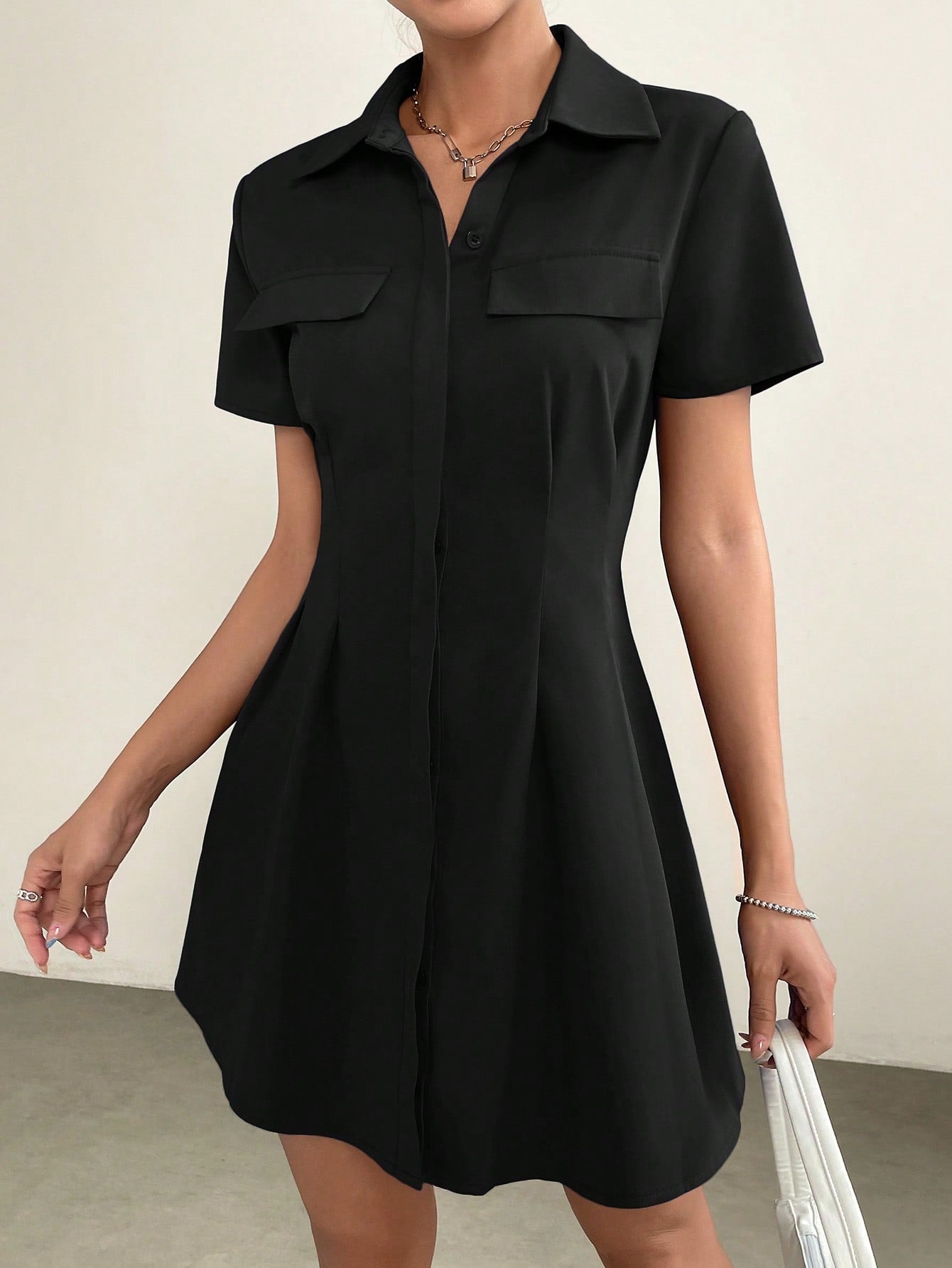 Women’s Woven Fabric Shirt Dress, Flap Pocket with Pleated Detail, 1 Piece, For Everyday Wear