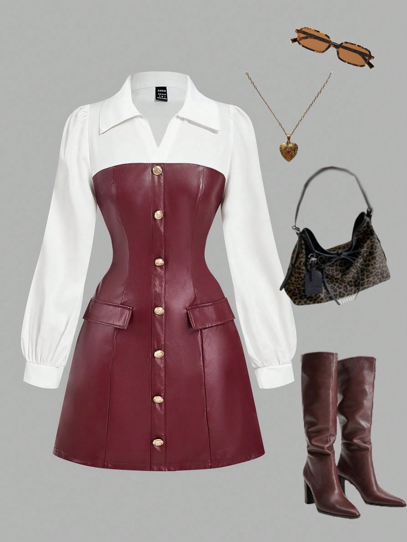 Military Green Patchwork Shirt Dress with PU Leather Detail Casual Design