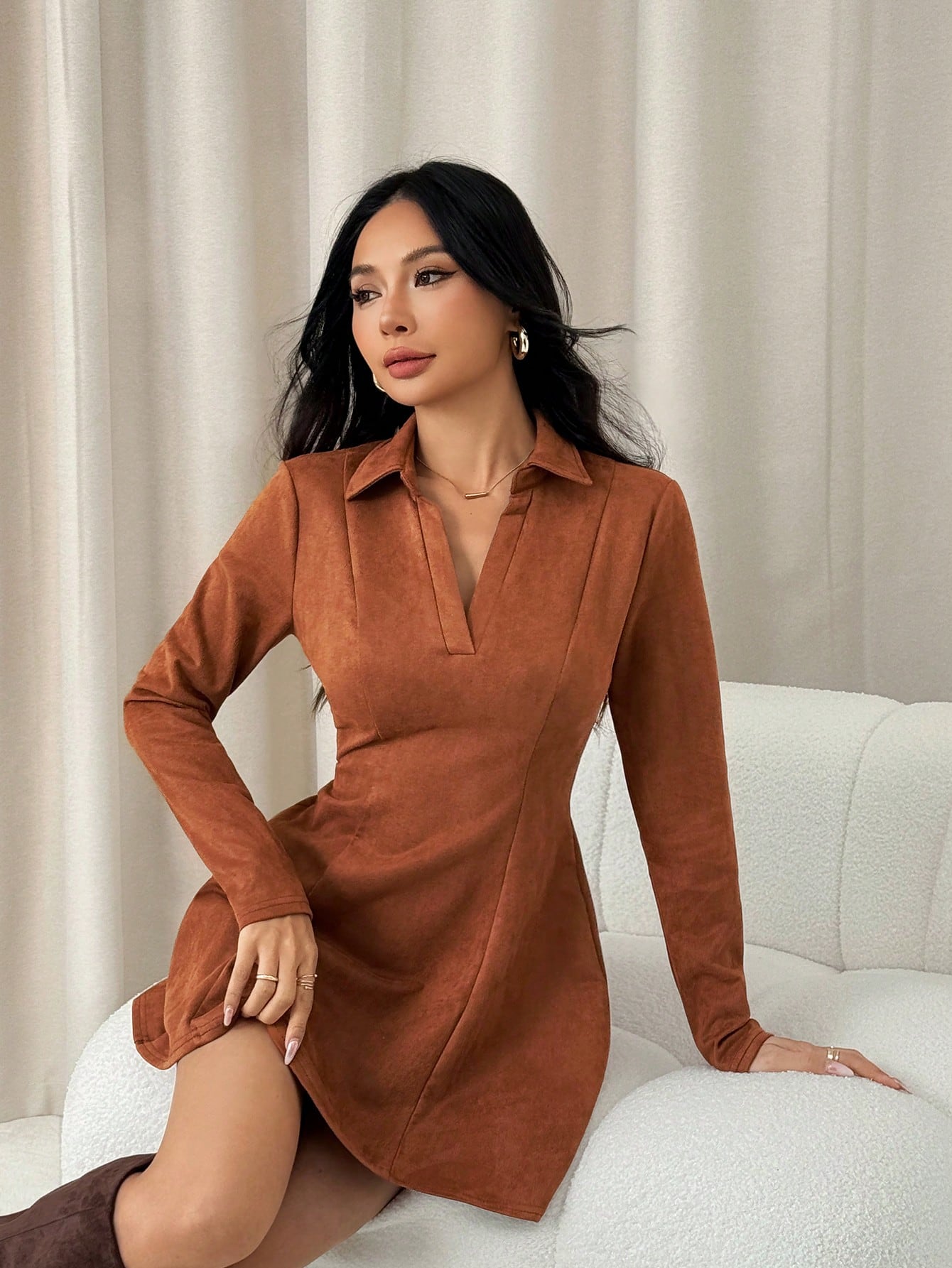 Women’s Suede-Style Fabric Short Dress, Long Sleeve Collared Design, A-Line Silhouette, 1 Piece, For Autumn Wear