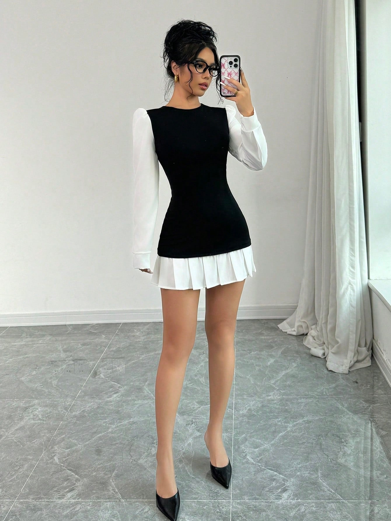 Women’s Woven Fabric Short Dress, Round Neck Pleated Design, Long Sleeve Style, 1 Piece, For Cooler Season Wear