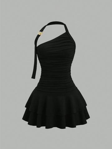 Hanging Necklace Spiral Gold Jewelry Design with Tiered Mini Dress