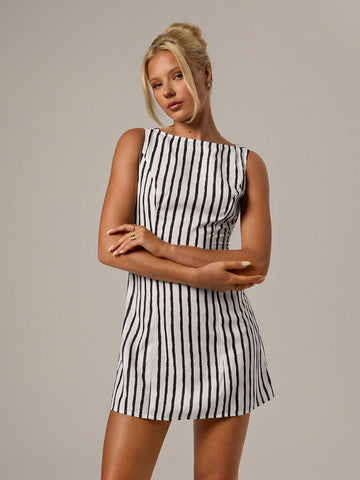 Women’s Woven Fabric A-Line Mini Dress, Striped Pattern Design, 1 Piece, For Everyday Wear