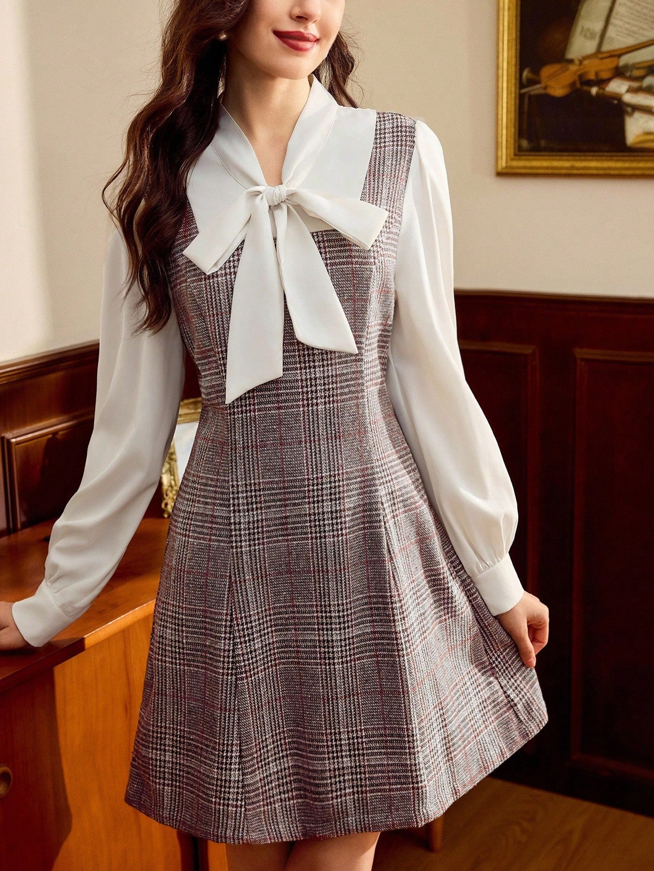 Women’s Woven Fabric Dress, Long Sleeve Collar Design, Plaid Pattern, 2 In 1 Style, 1 Piece, For Autumn and Winter Wear