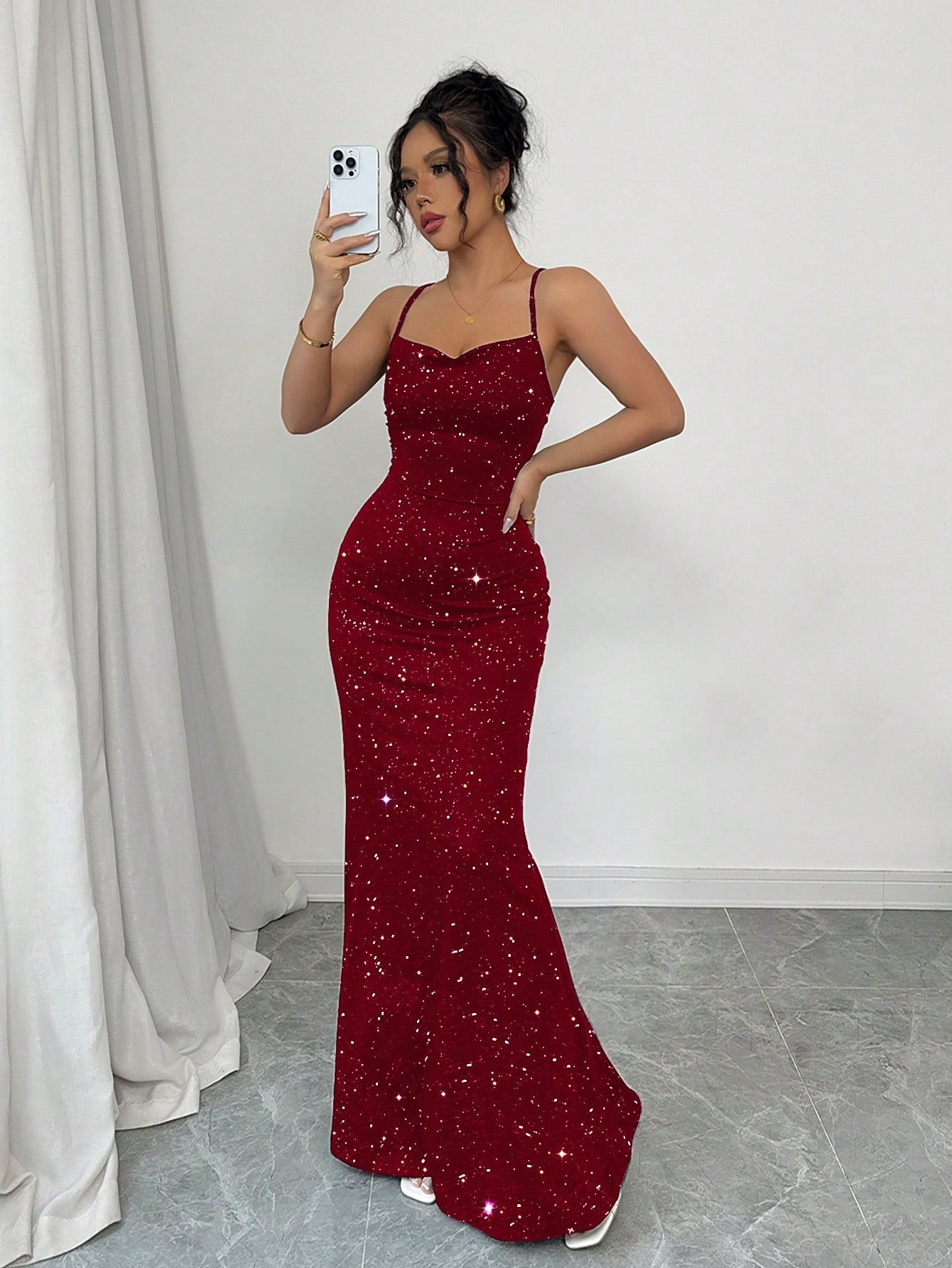 Women’s Glitter Spaghetti Strap Dress with Tie-Up Design, Suitable for Party Wear