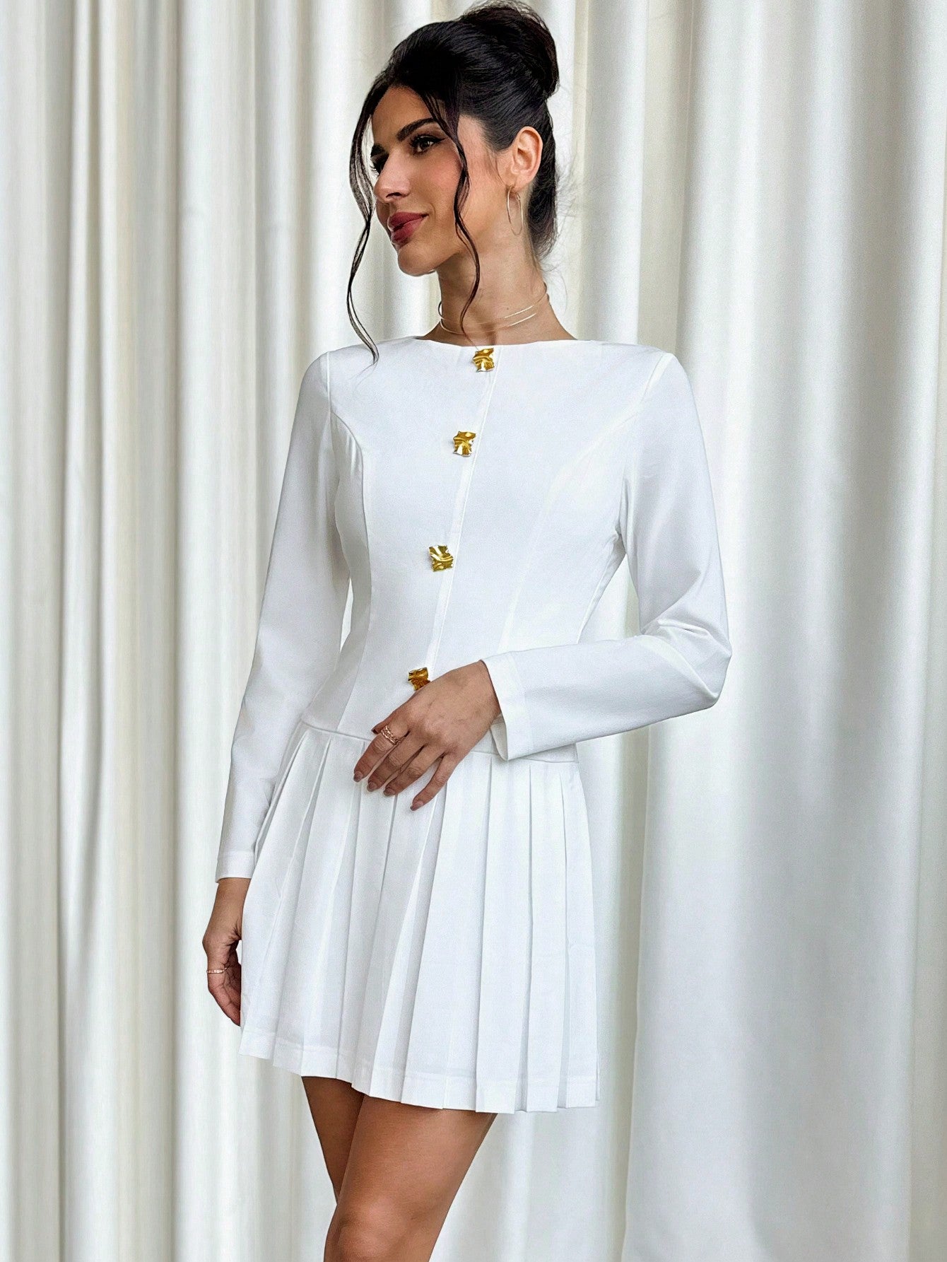 Women’s Woven Fabric A-Line Mini Dress, Long Sleeve Round Neck Design, Pleated Hem Detail, 1 Piece, For Work and Daily Wear