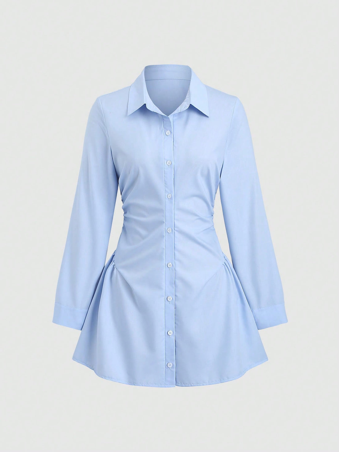 Women’s Woven Fabric Shirt Dress, Long Sleeve Design with Ruched Detail, Solid Pattern, 1 Piece, For Autumn Wear