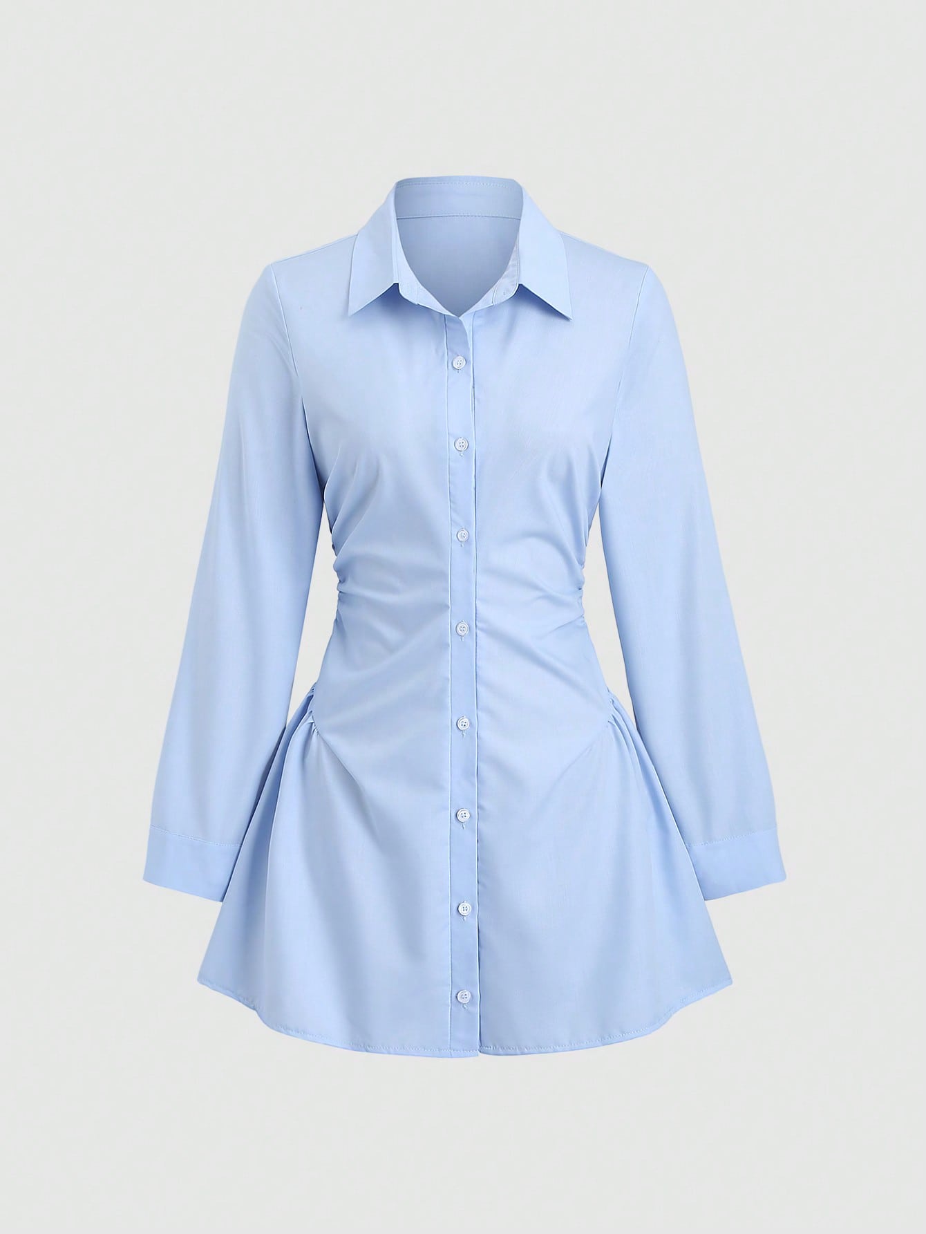 Women’s Woven Fabric Shirt Dress, Long Sleeve Design with Ruched Detail, Solid Pattern, 1 Piece, For Autumn Wear