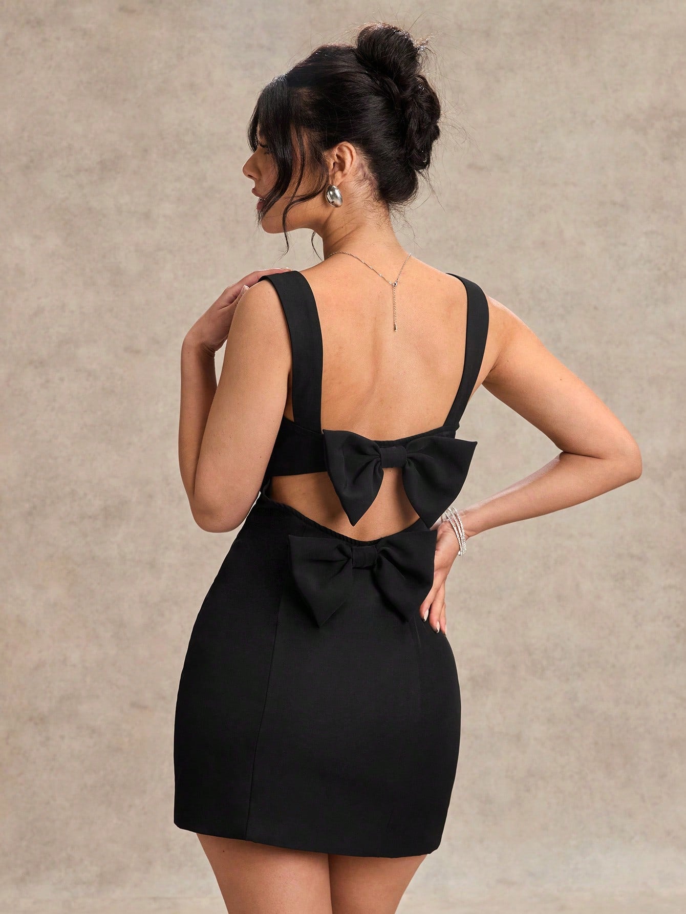 Square Neck Backless Bow Detail Mini Dress for Parties, Weddings, and Evening Events