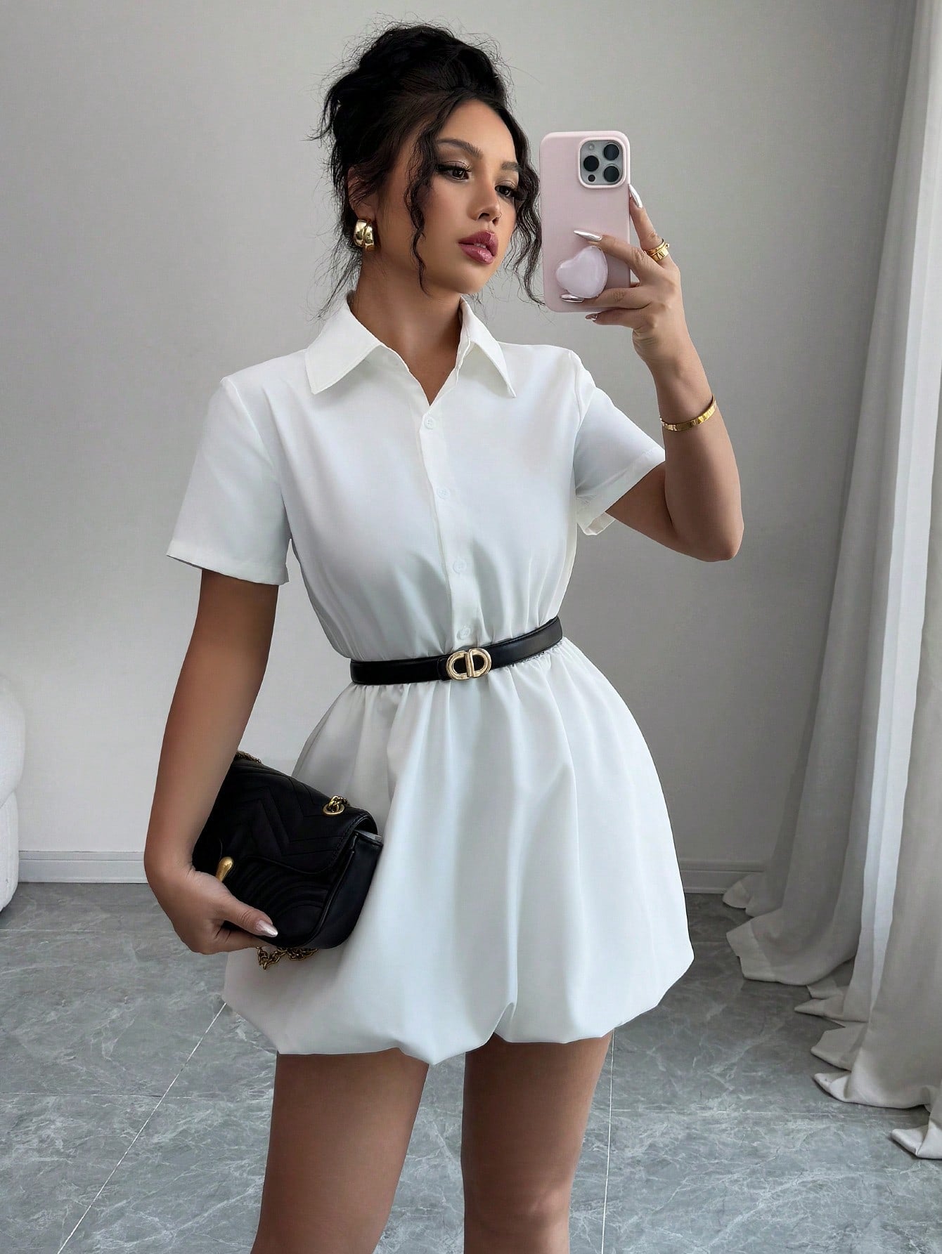 Women’s Woven Fabric Shirt-Style Mini Dress, Short Sleeve Design, Solid Pattern, 1 Piece, For Casual Wear