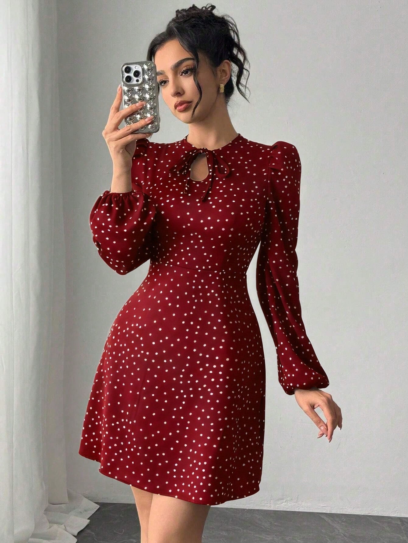 Women’s Woven Fabric Dress, Long Sleeve Design with Bow Detail, Polka Dot Pattern, 1 Piece, For Spring and Autumn Wear