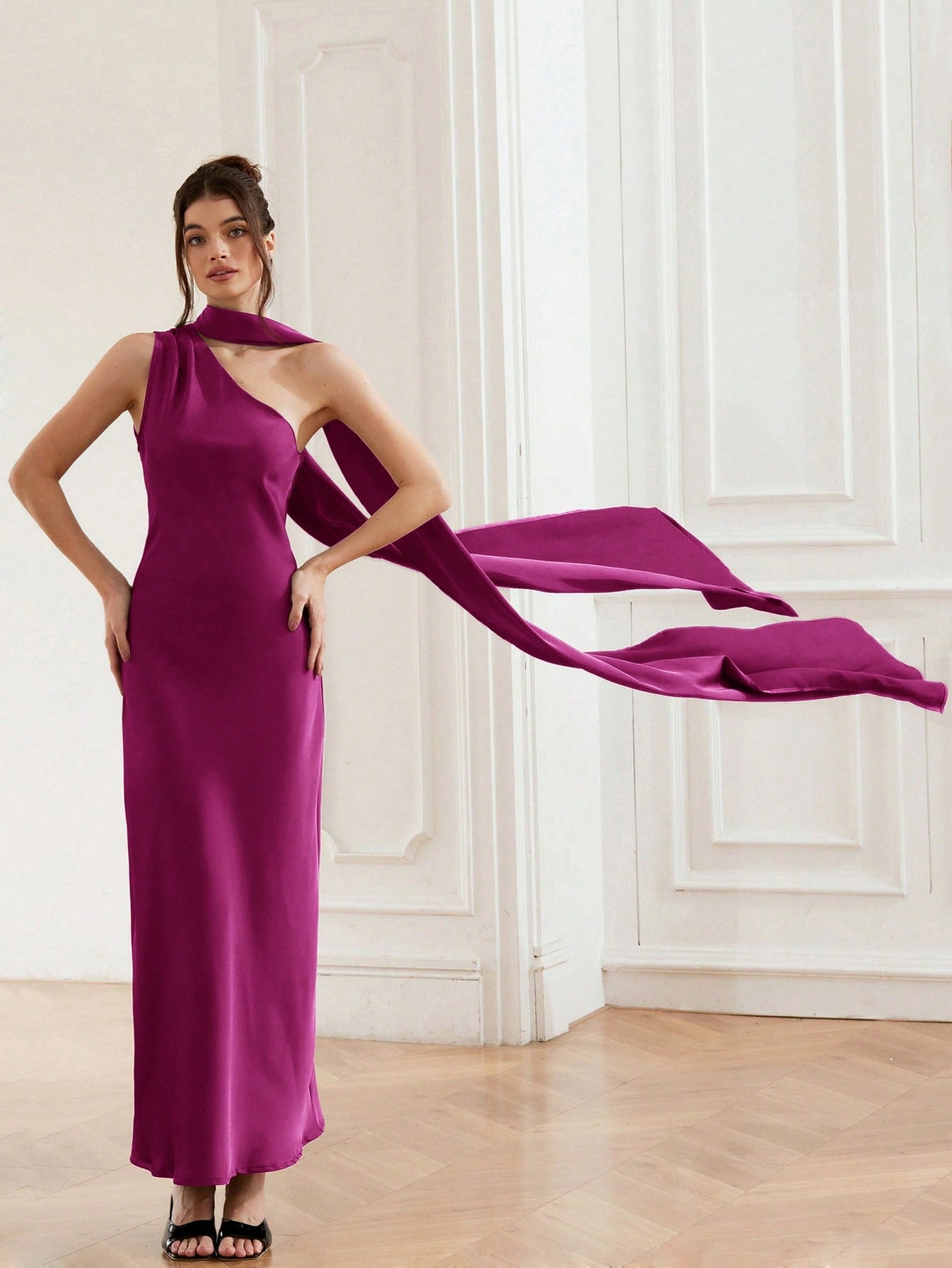 Satin Wrap Collar Sleeveless Oblique Shoulder Dress for Spring and Summer Occasions