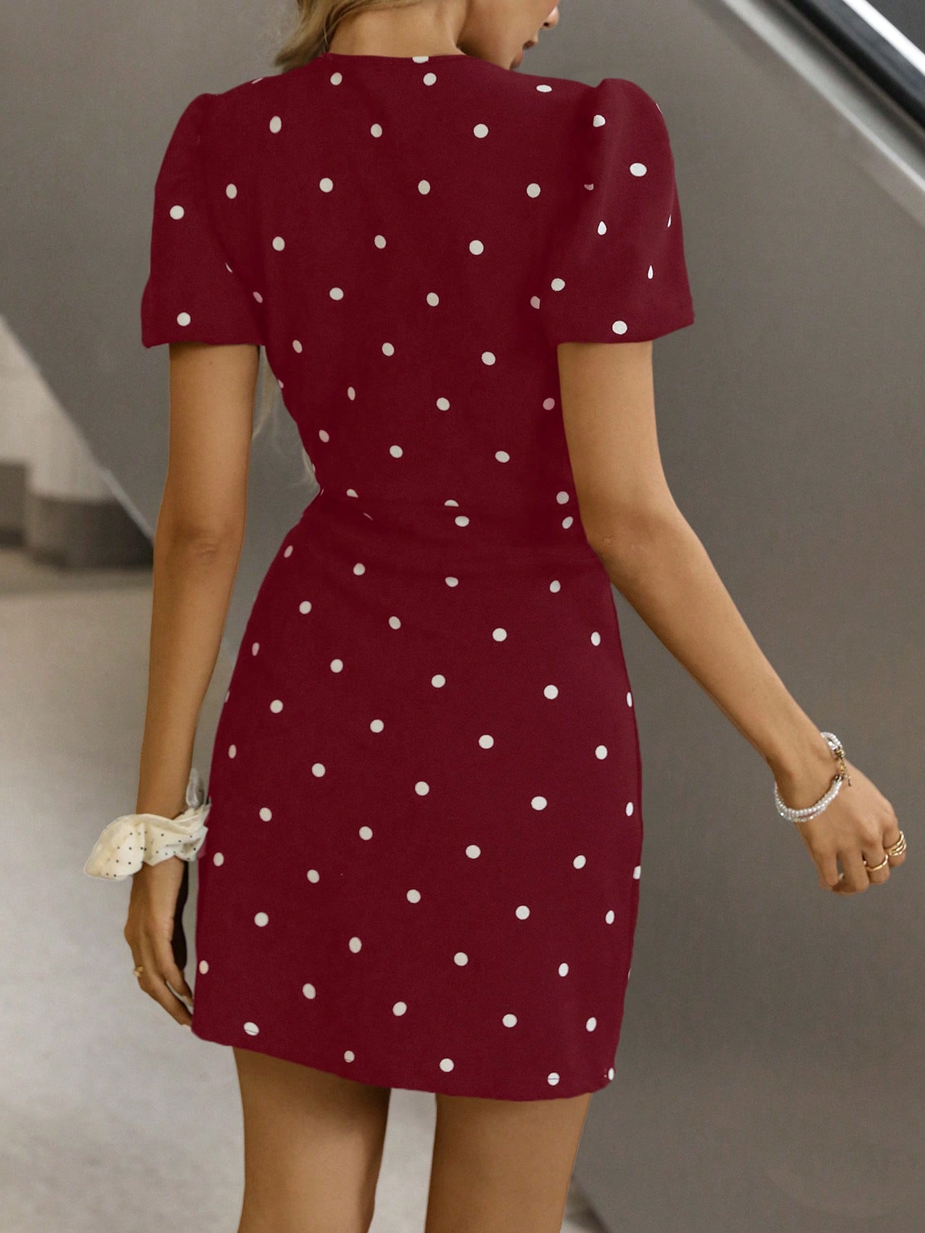 Women’s Woven Fabric Mini Dress, Polka Dot Print with Bow Detail, Short Puff Sleeve Design, Ruffle Hem, 1 Piece, For Daily Wear
