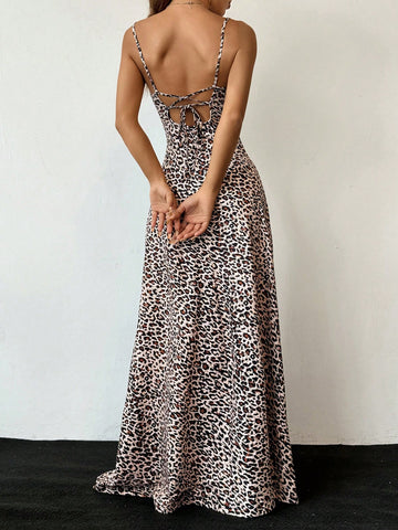Leopard Pattern Fabric Dress – Brown Tone – Single Piece – Sleeveless Strap Design – For Casual Wear