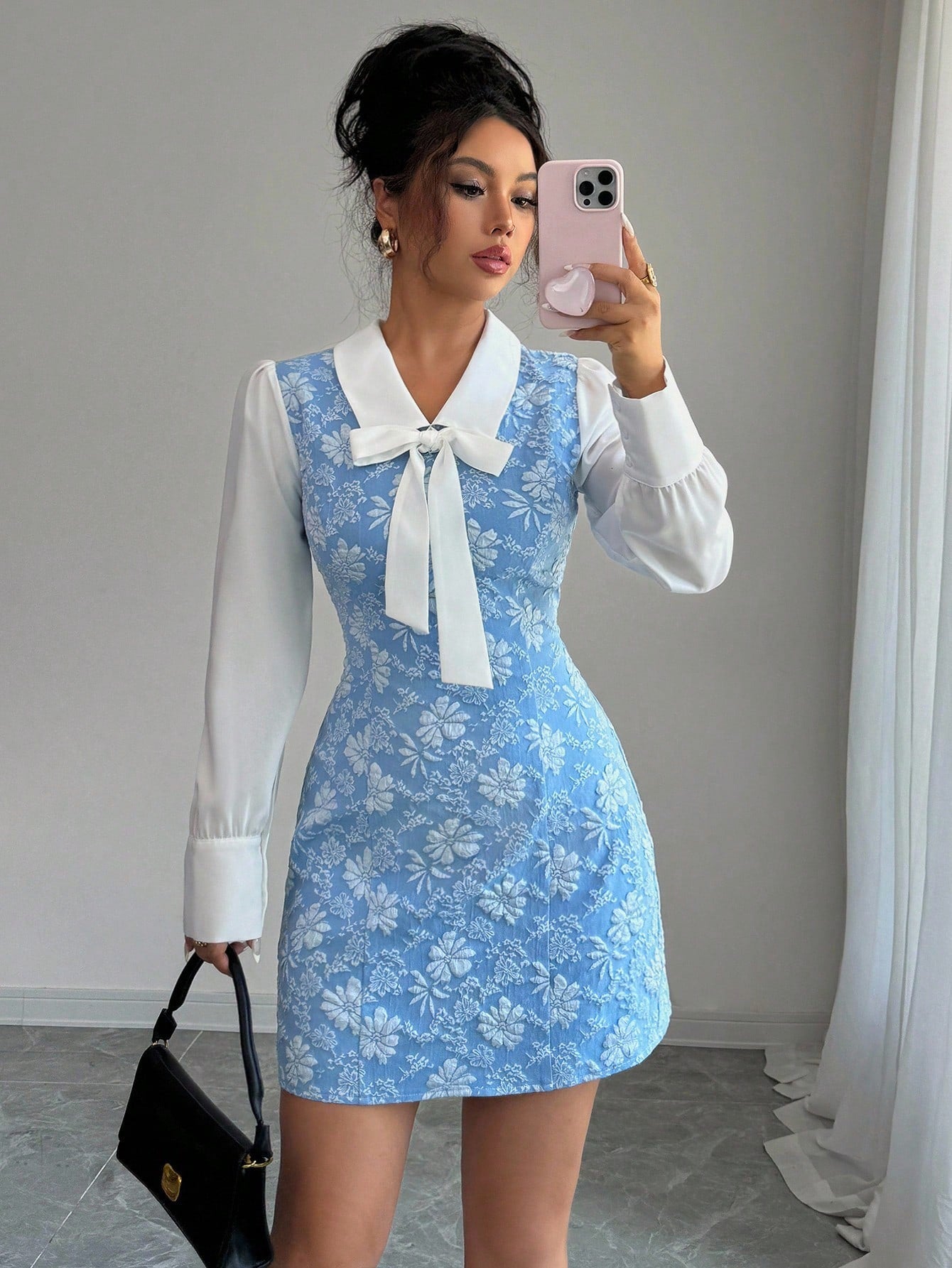 Women’s Woven Fabric Dress, Color Block Patchwork Design with Bow Detail, 2 In 1 Style, 1 Piece, For Daily Wear