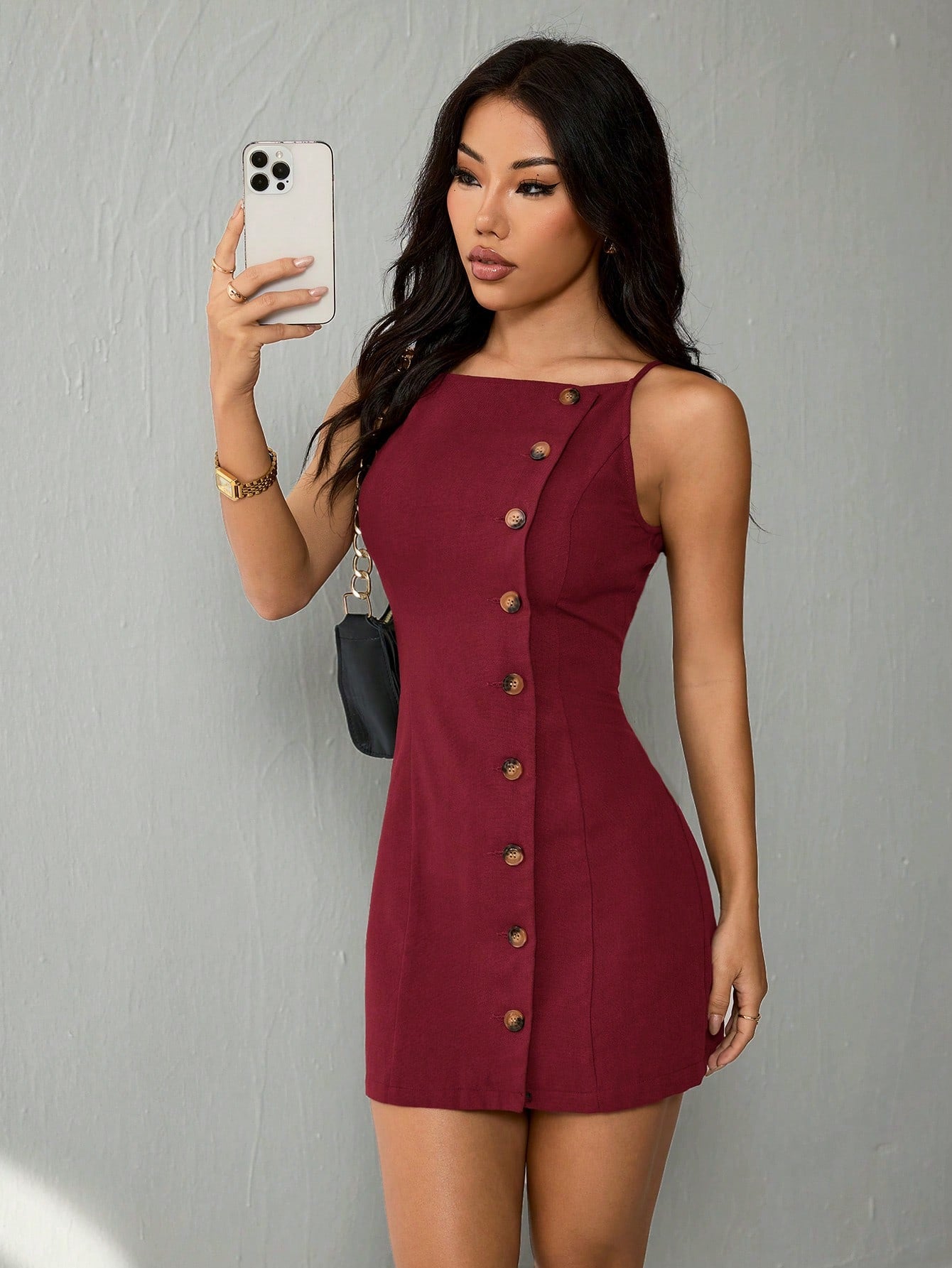 Women’s Woven Fabric Strap Mini Dress, Front Button Design, Solid Pattern, 1 Piece, For Casual and Daily Wear