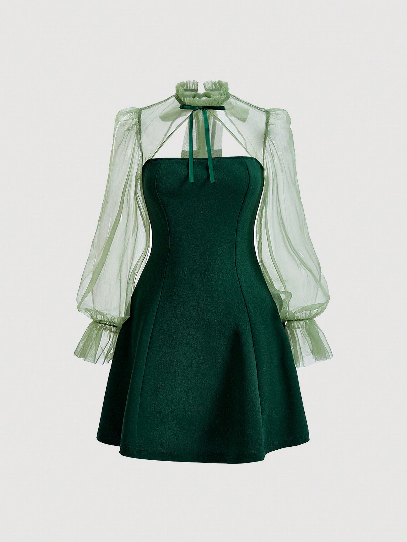 Black Long Sleeve Dress with Contrast Mesh Detail Flare Sleeves Tie Neck and High Collar Design