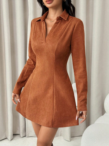 Women’s Suede-Style Fabric Short Dress, Long Sleeve Collared Design, A-Line Silhouette, 1 Piece, For Autumn Wear