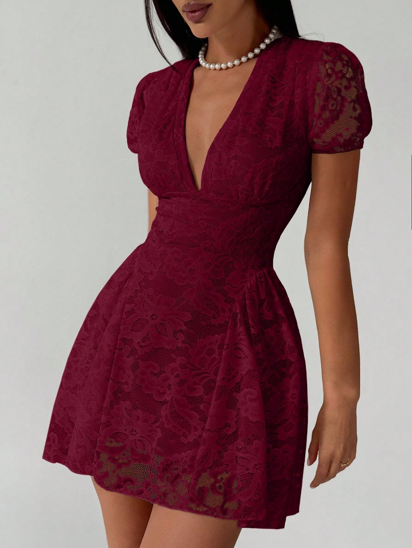 Women’s Woven Fabric Mini Dress, V-Neck Design with Puff Sleeve and Lace Detail, 1 Piece, For Spring and Summer Wear