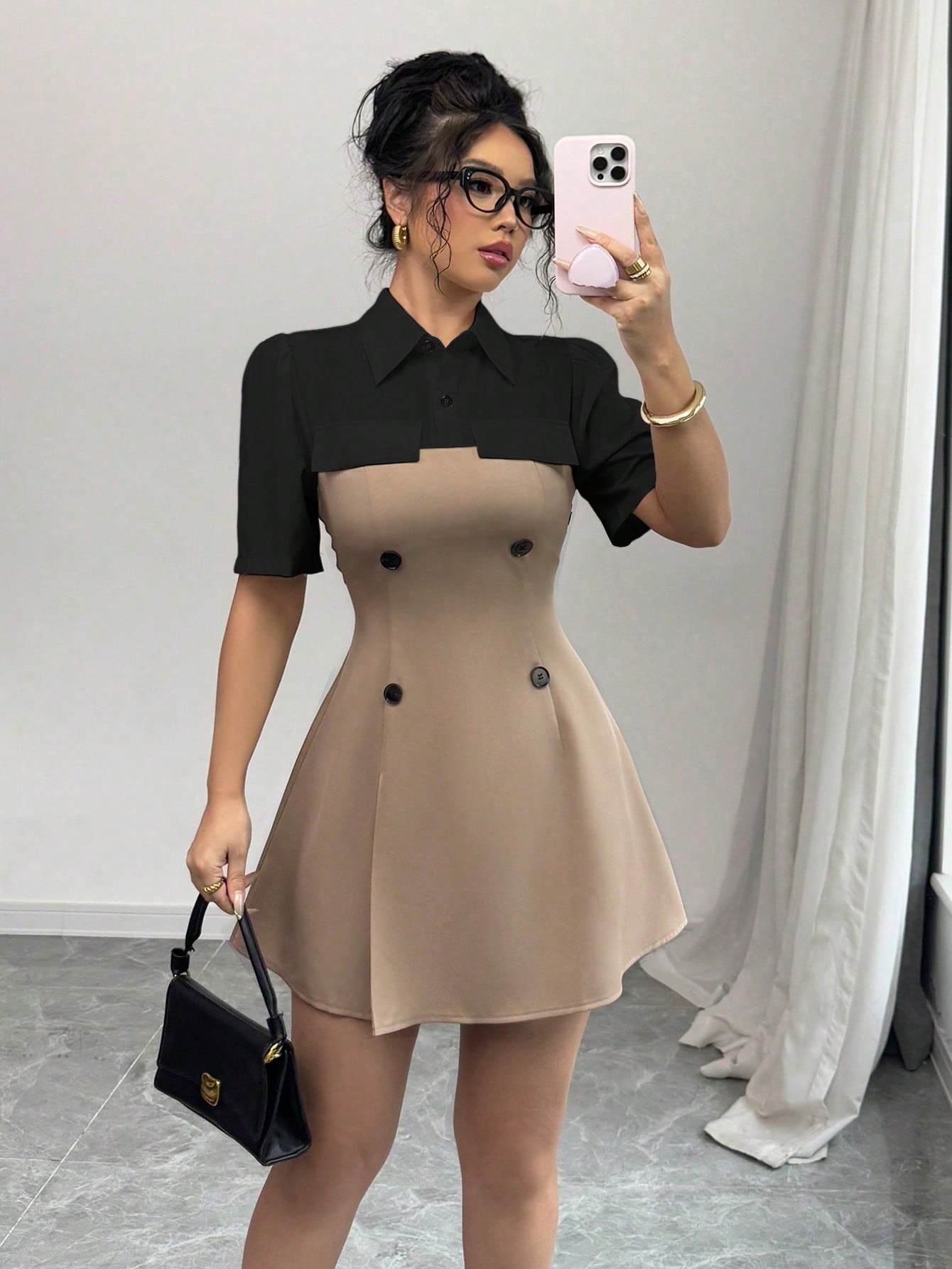 Women’s Woven Fabric Shirt-Style Dress, Short Sleeve Button Front Design, Color Block Detail, 2 In 1 Style, 1 Piece, For Daily Wear