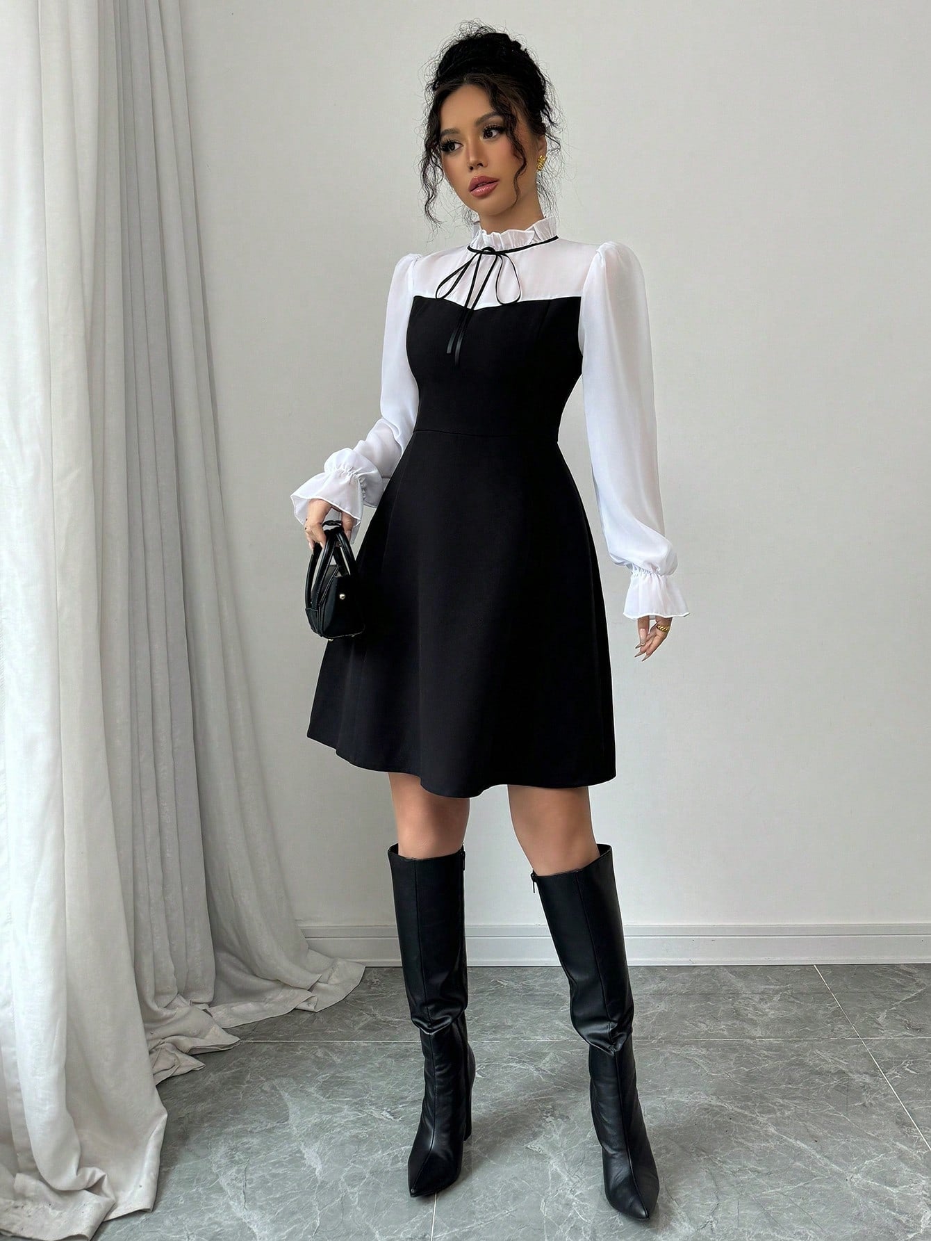 Women’s Woven Fabric Long Sleeve Dress, Stand Collar Tie Detail, Ruffle Hem Design, 1 Piece, For Autumn Wear