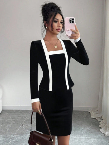 Women’s Woven Fabric Mini Dress, Long Sleeve Simple Design, 2 In 1 Style, 1 Piece, For Everyday Wear