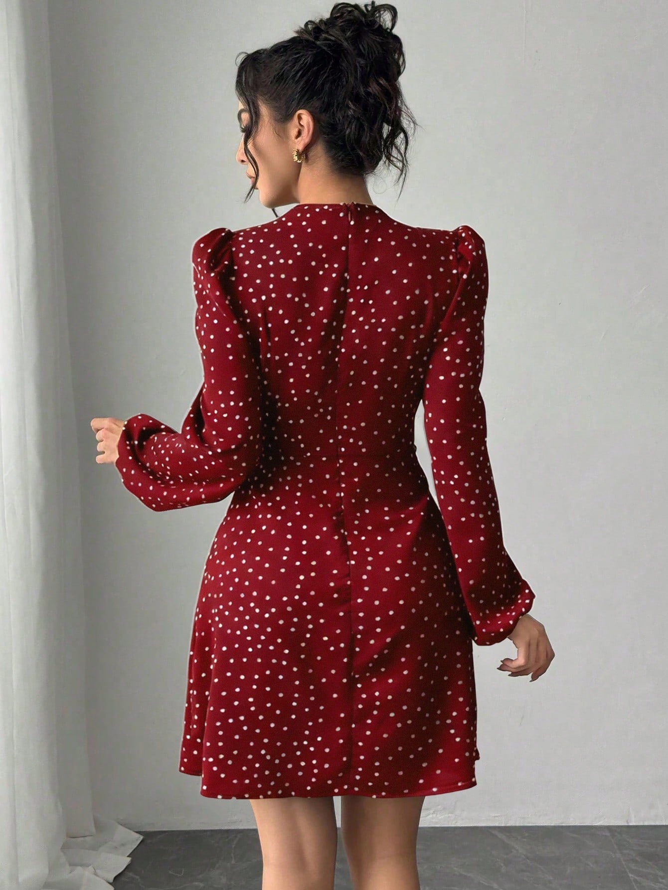 Women’s Woven Fabric Dress, Long Sleeve Design with Bow Detail, Polka Dot Pattern, 1 Piece, For Spring and Autumn Wear