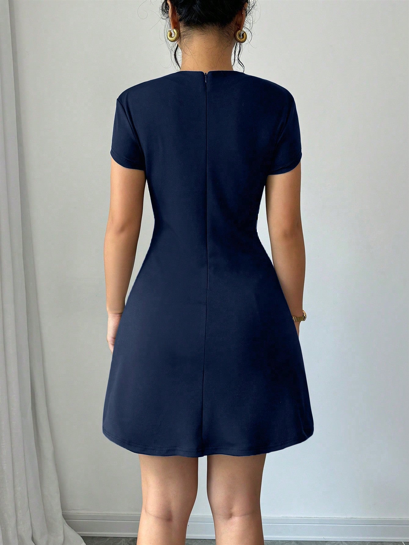 Black Stand Collar Dress with Cinched Waist Pocket Design Flap Detail and Back Zipper Short Length for Everyday Wear