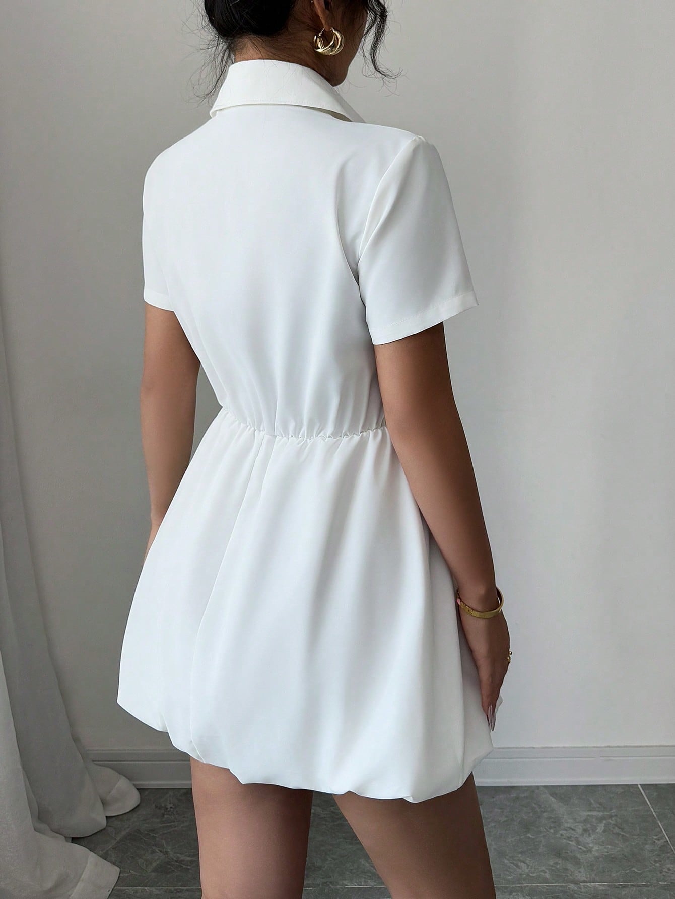 Women’s Woven Fabric Shirt-Style Mini Dress, Short Sleeve Design, Solid Pattern, 1 Piece, For Casual Wear