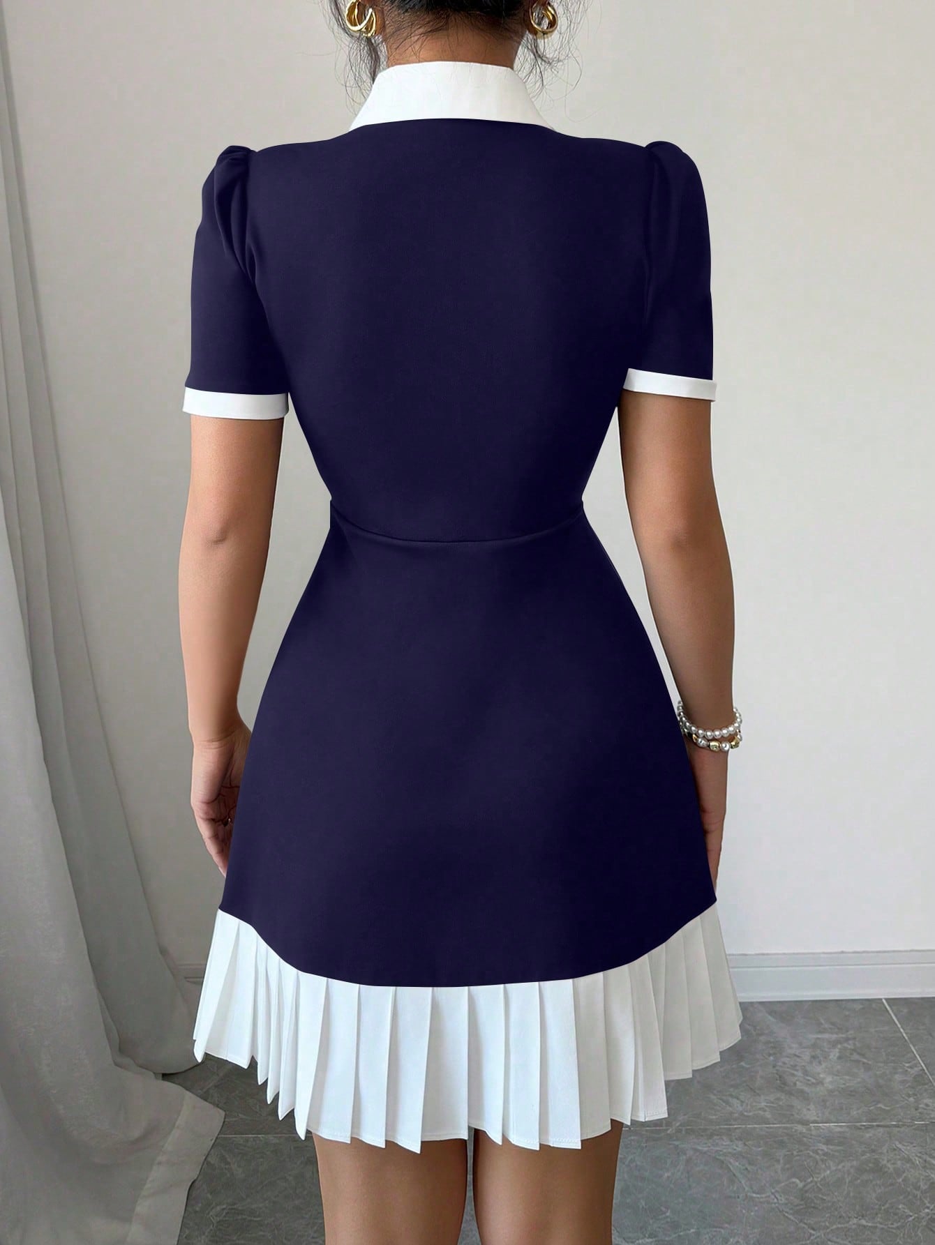Women’s Woven Fabric Mini Dress, Half-Open Collar Design with Decorative Floral Detail, 1 Piece, For Everyday Wear