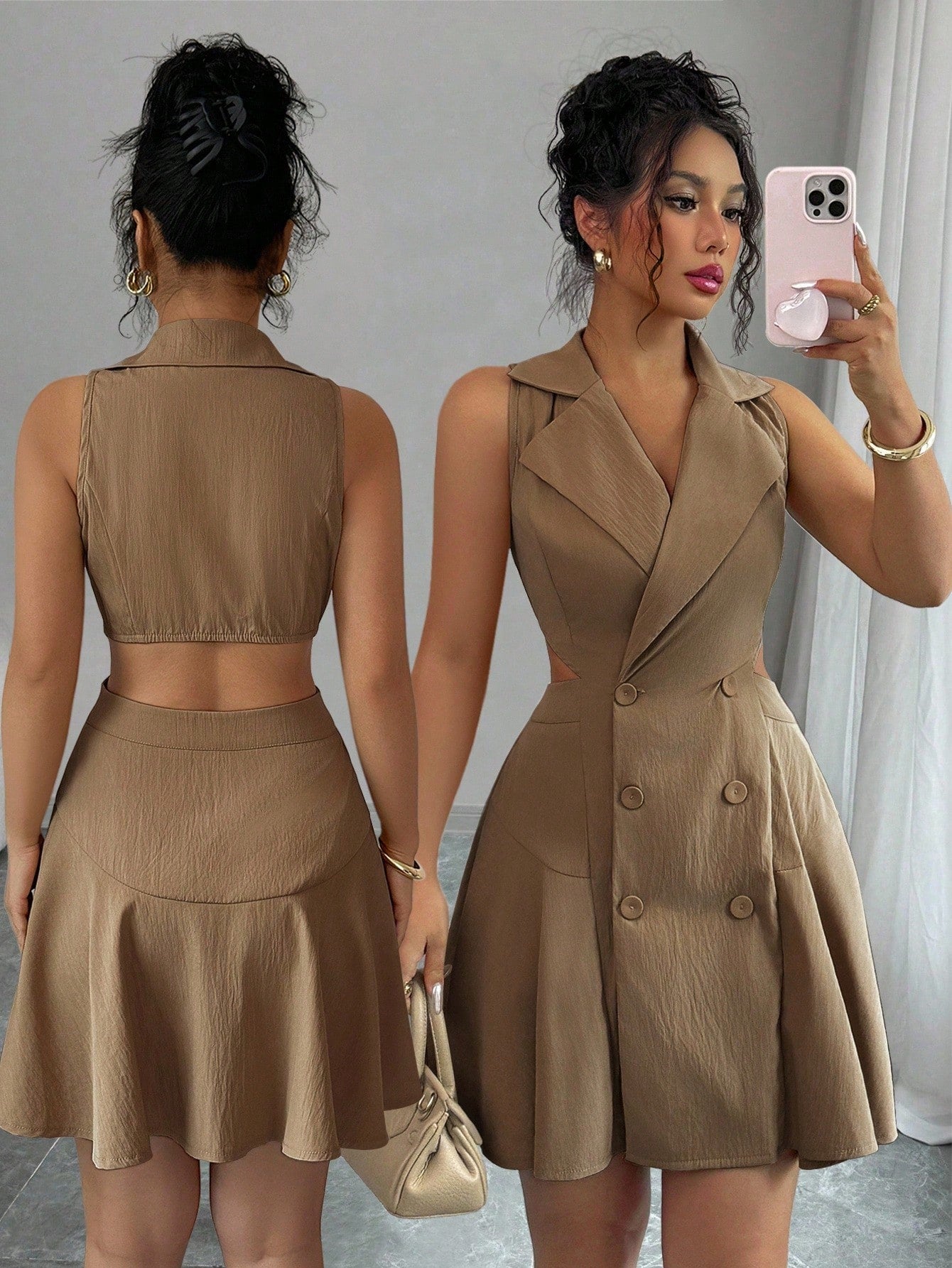 Women’s Woven Fabric Sleeveless Dress, Double Breasted Design, Solid Pattern, 1 Piece, For Commuting and Daily Wear