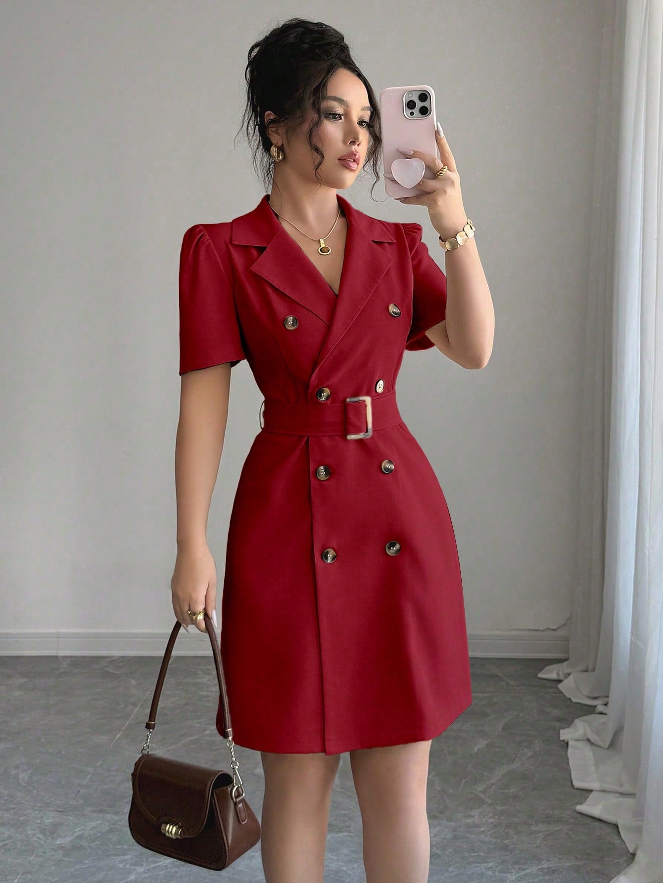 Mandarin Collar Dress with Cinched Waist Double Breasted Front and Puff Sleeves for Daily Wear