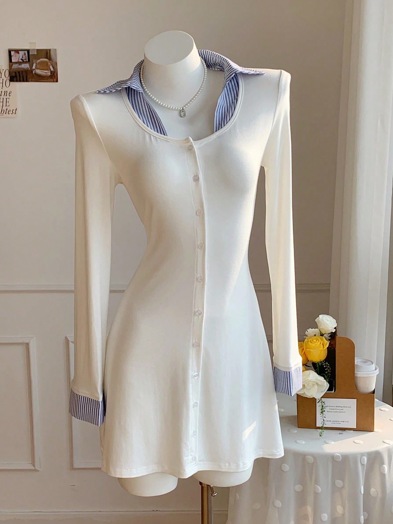 Women’s Woven Fabric Mini Dress, Long Sleeve Button Front, Patchwork Pattern Design, 1 Piece, For Casual Wear