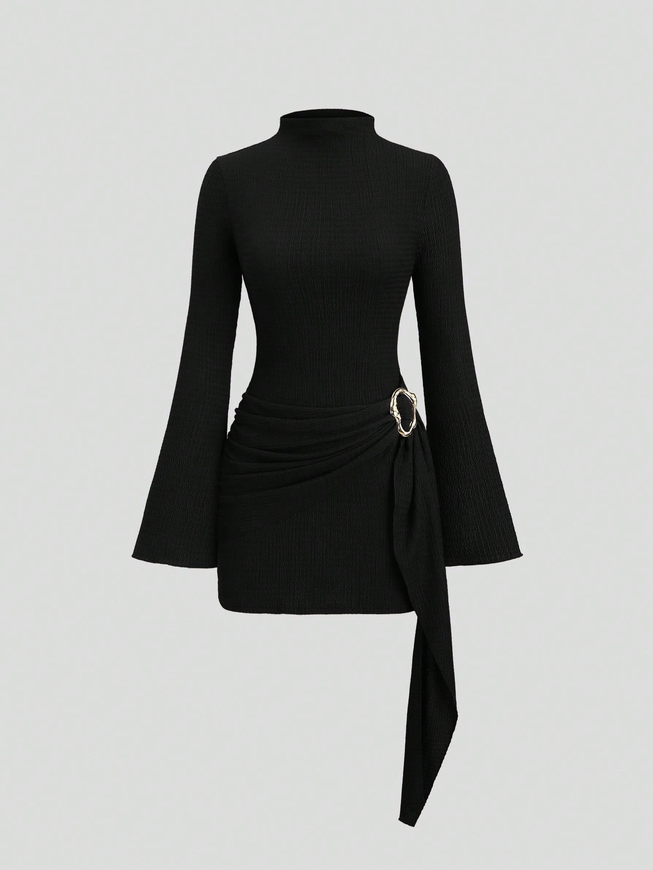 Solid Color Dress Neutral Color Single Piece Flare Sleeve Waist Detail Design For General Occasions