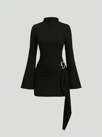 Solid Color Dress Neutral Color Single Piece Flare Sleeve Waist Detail Design For General Occasions