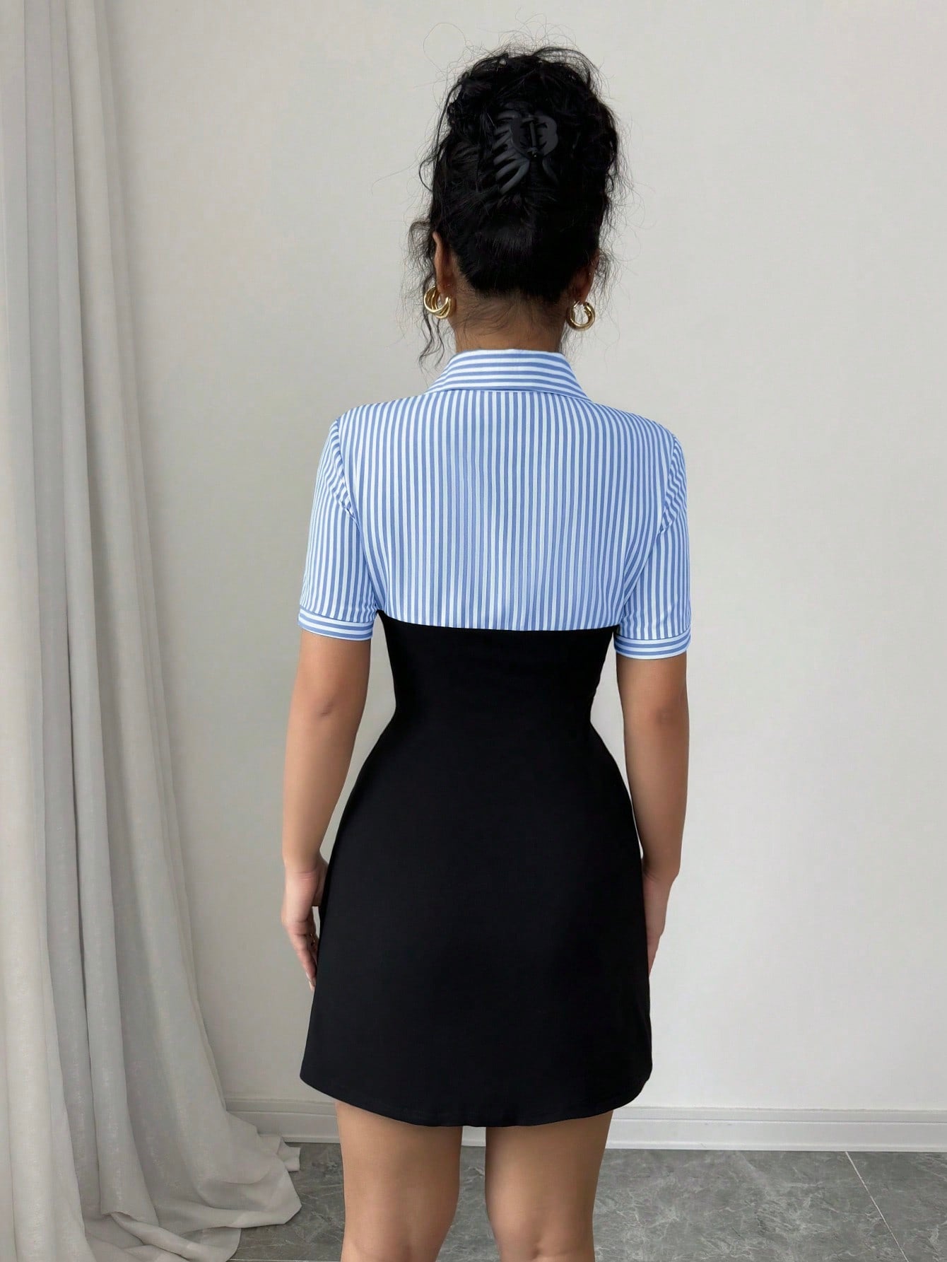 Women’s Woven Fabric A-Line Dress, Short Sleeve Polo Collar, Striped Patchwork Design, 1 Piece, For Everyday Wear