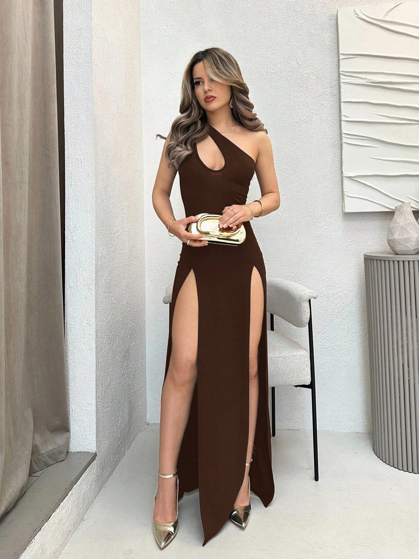 Minimalist Slit Shoulder Maxi Dress for Daily Wear and Holiday Occasions