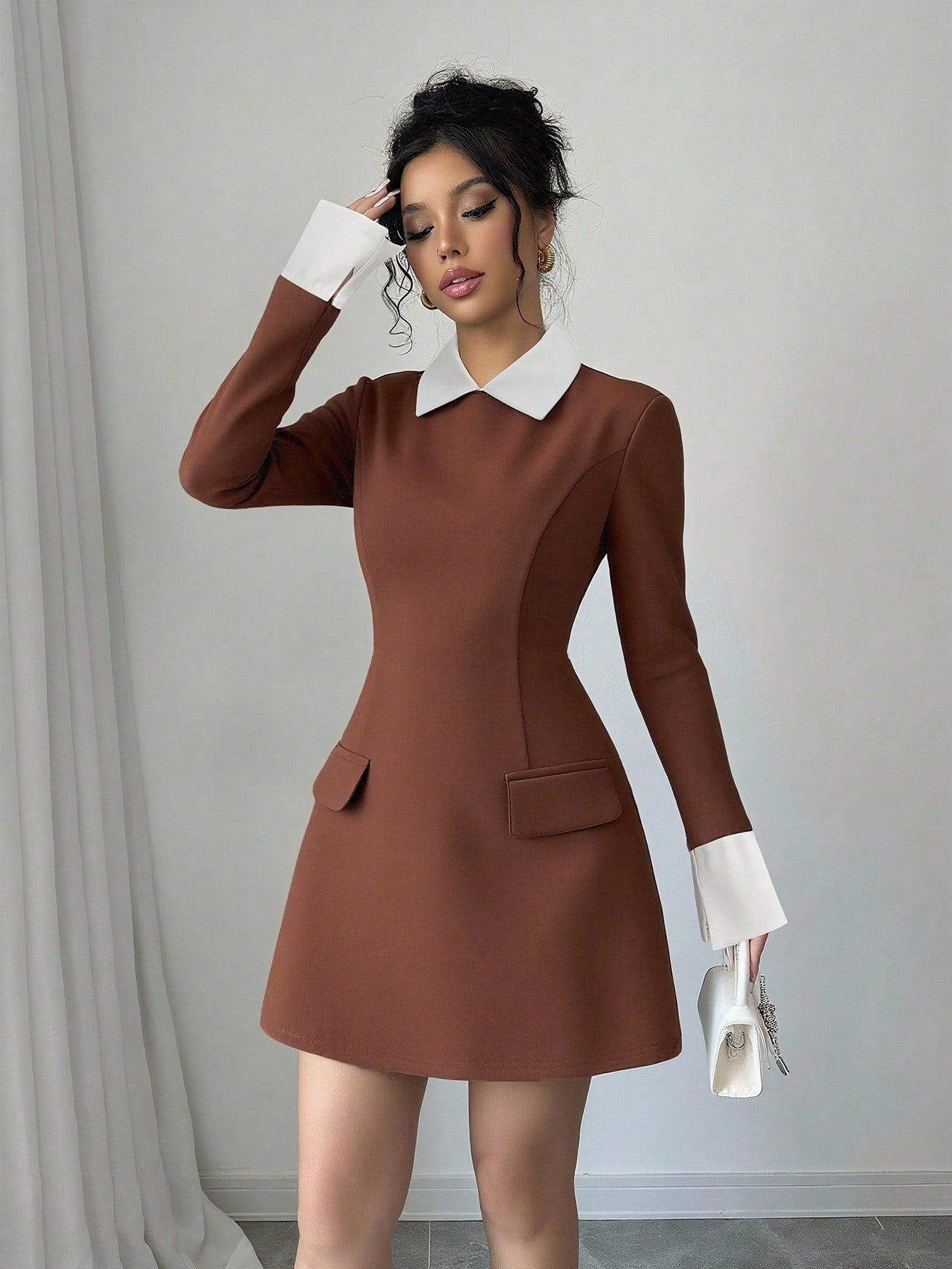 Women’s Woven Fabric Short Dress, Collared Long Sleeve Design with Cuff Detail and Faux Pocket, Color Block Pattern, 1 Piece, For Autumn Wear