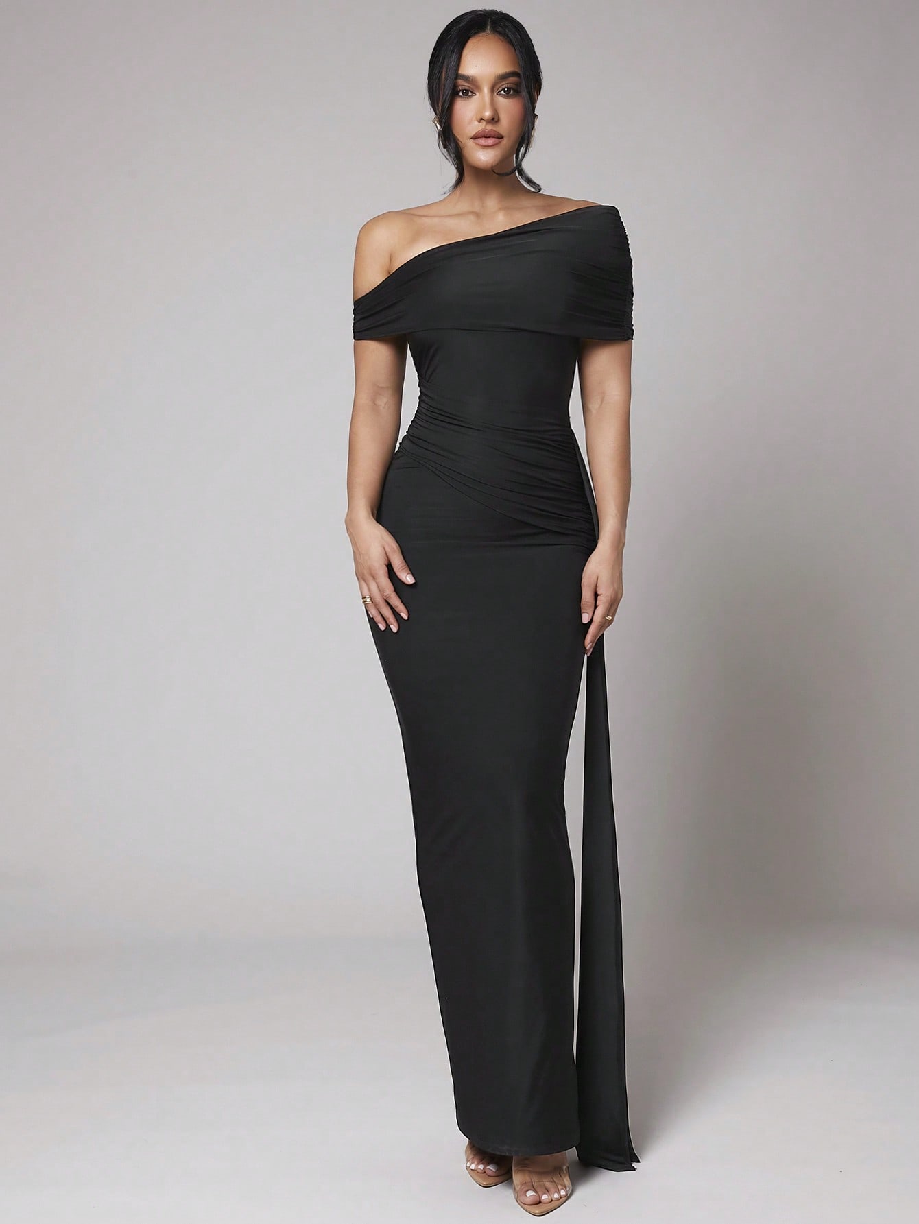 Black Long Asymmetric Ruched Chiffon Maxi Dress for Casual, Formal, Vacation, and Evening Occasions