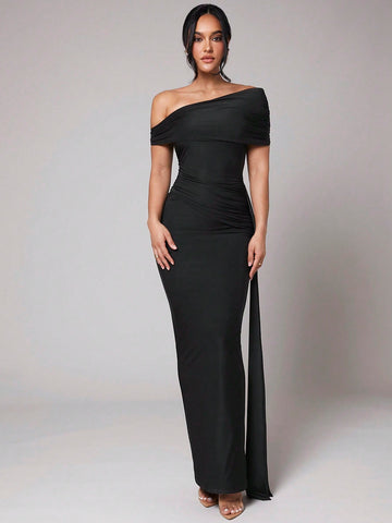 Black Long Asymmetric Ruched Chiffon Maxi Dress for Casual, Formal, Vacation, and Evening Occasions