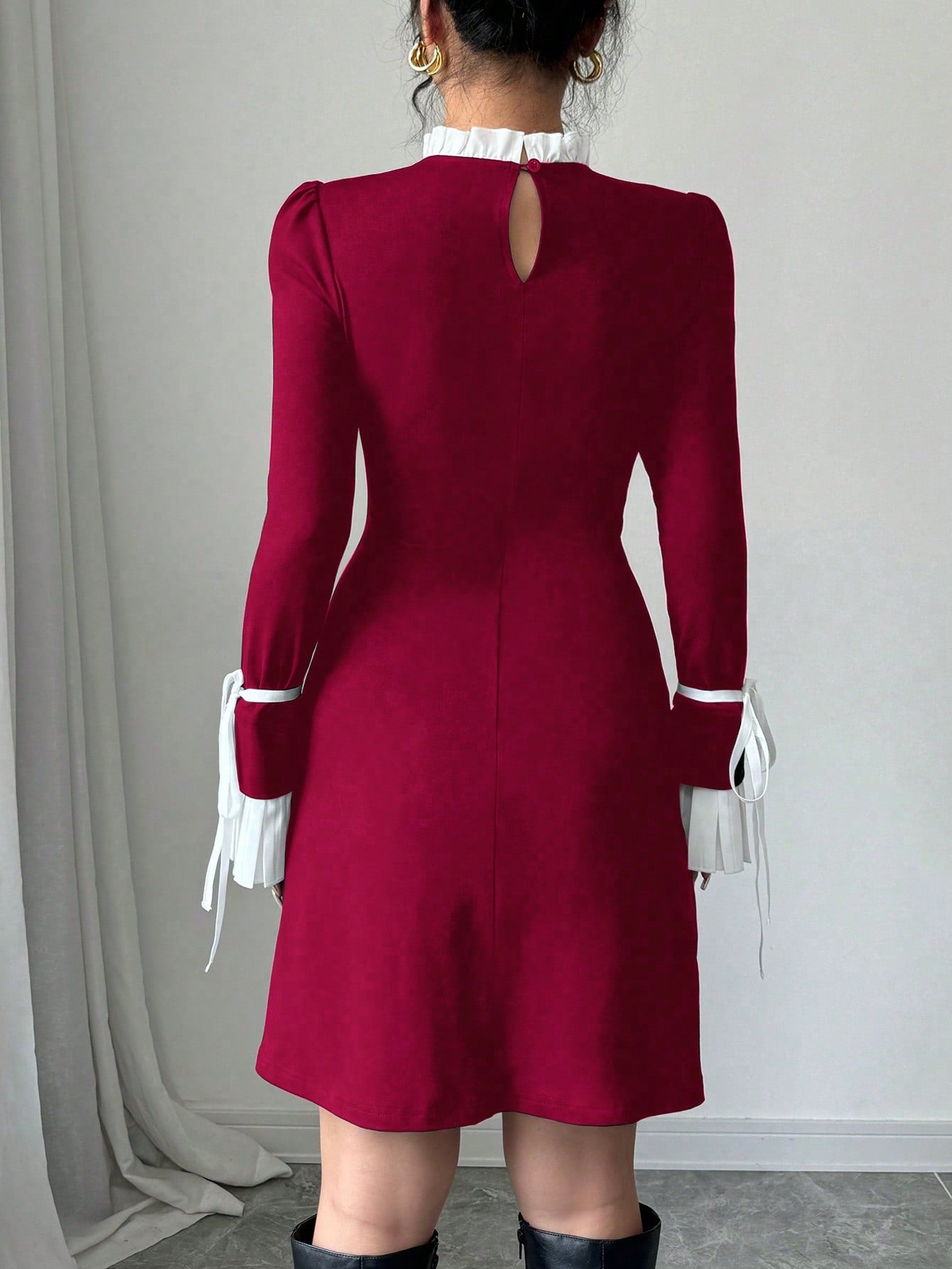 Women’s Woven Fabric Long Sleeve Dress, Collar and Cuff Splicing Detail with Bow Accent, 1 Piece, For Cooler Season Wear