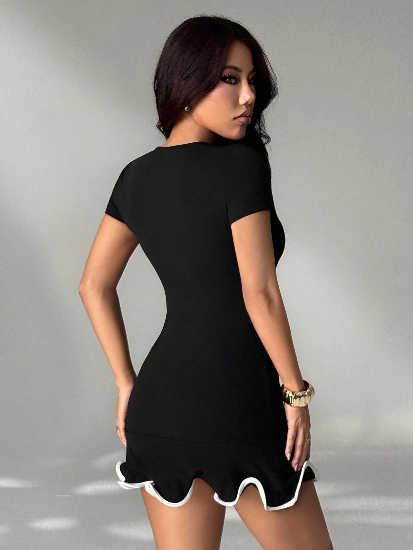 Women’s Knit Fabric Mini Dress, Round Neck Design with Ruffle Hem Detail, 1 Piece, For Daily Wear