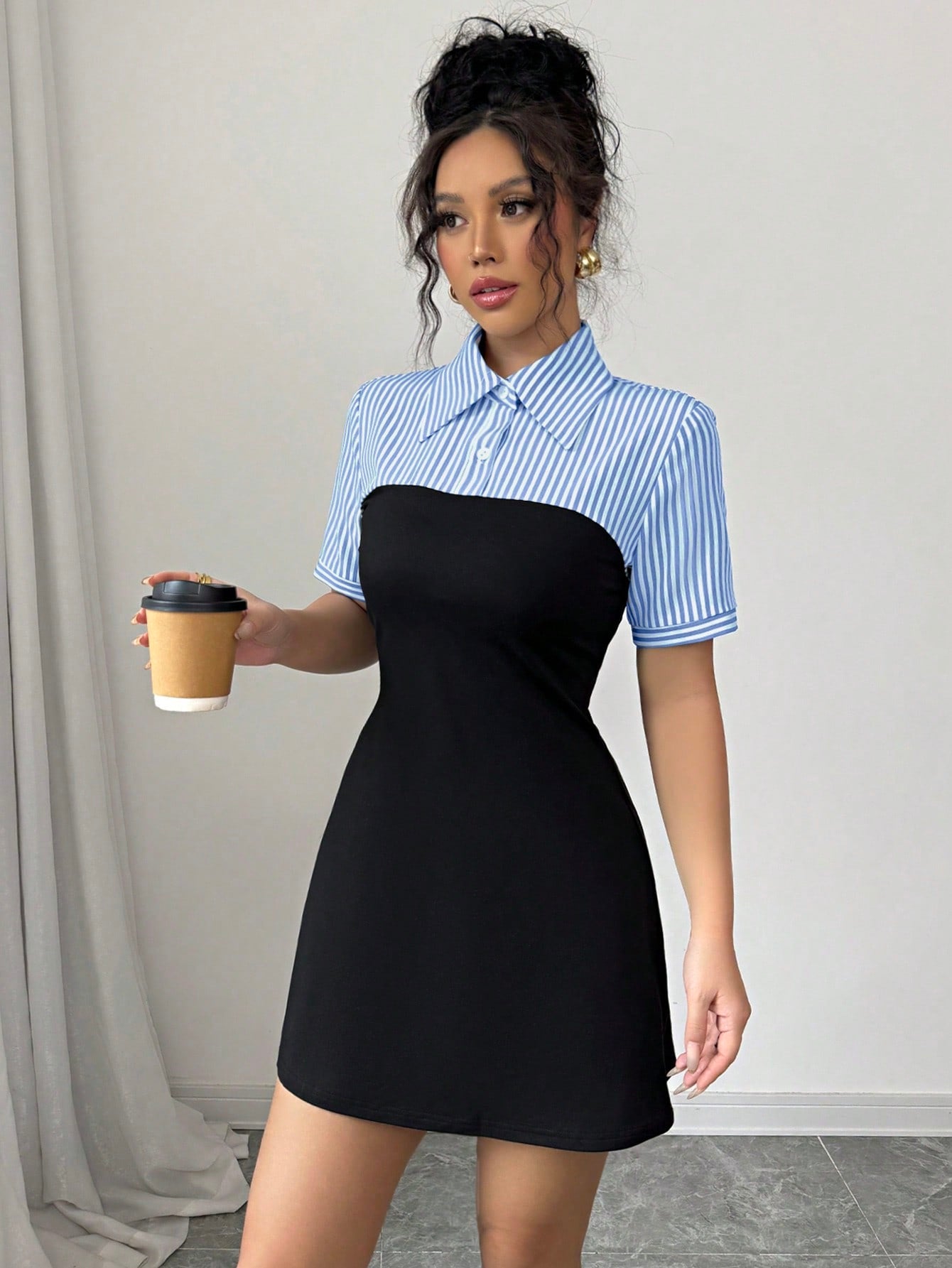Women’s Woven Fabric A-Line Dress, Short Sleeve Polo Collar, Striped Patchwork Design, 1 Piece, For Everyday Wear